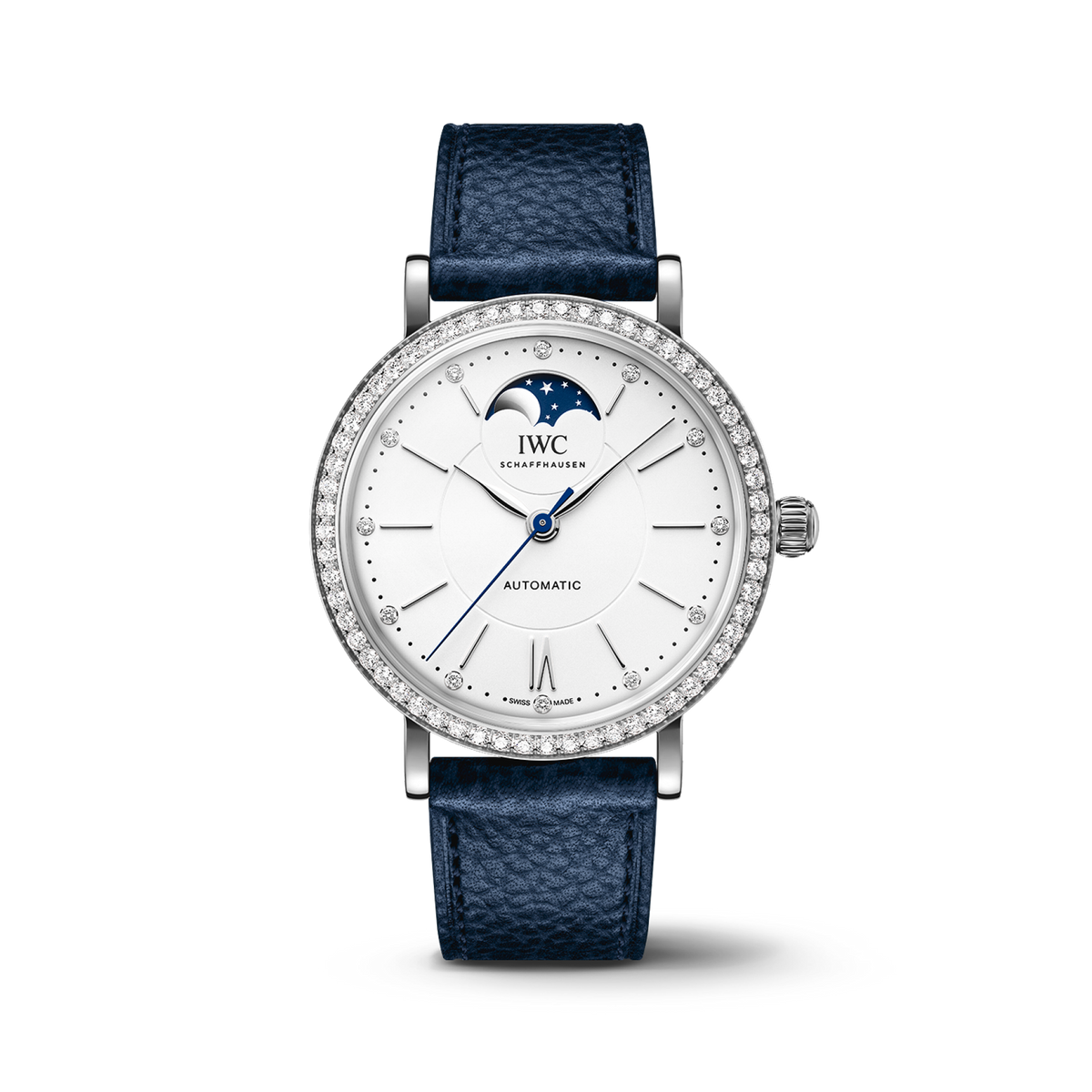 IWC Schaffhausen Portofino Automatic Moon Phase 37.1 mm Silver  Dial Stainless Steel Blue   Strap IW659601 - WATCHXNYC