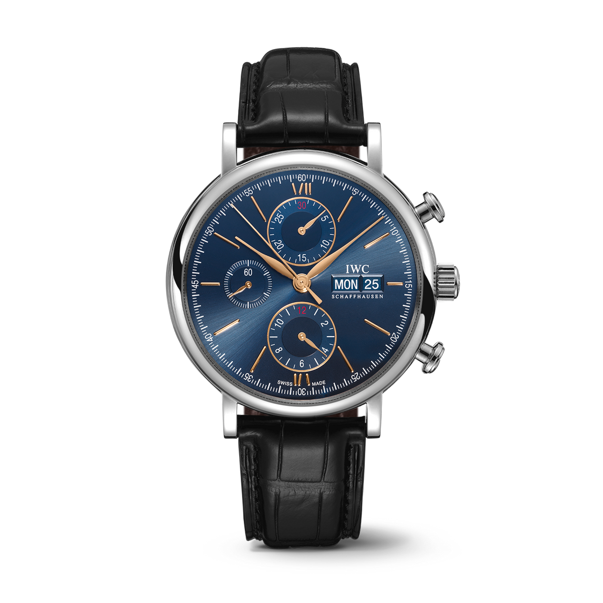 IWC Schaffhausen Portofino Chronograph 42 mm Blue  Dial Stainless Steel Black   Leather Strap IW391036 - WATCHXNYC