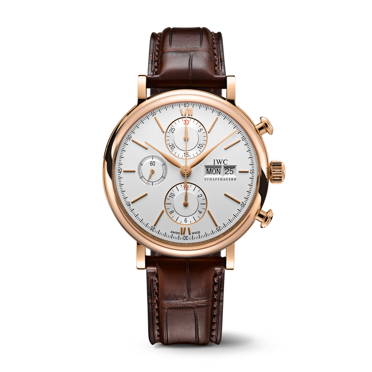 IWC Schaffhausen Portofino Chronograph 42 mm Silver  Dial 18 Kt 5N Gold Dark Brown   Leather Strap IW391025 - WATCHXNYC