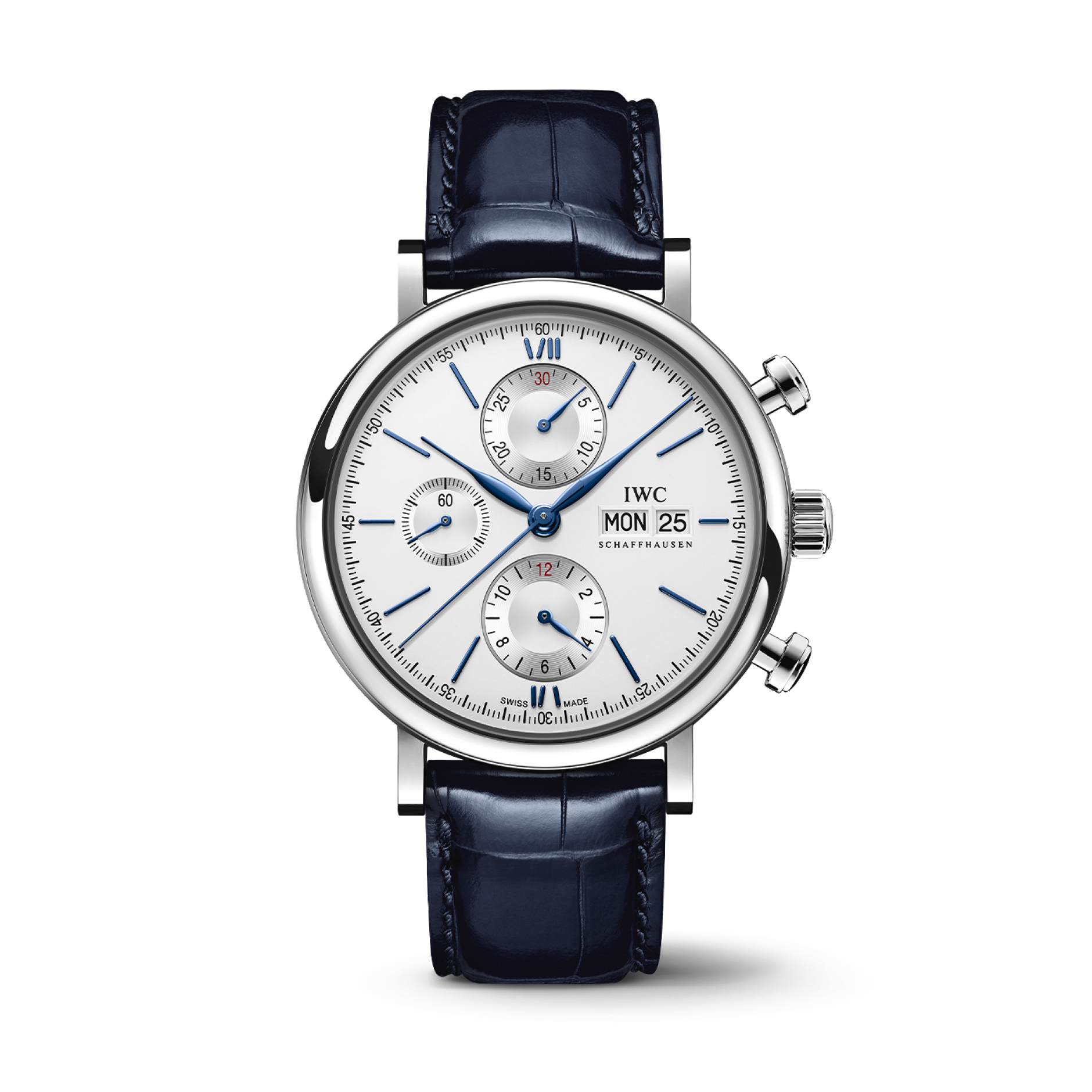 IWC Schaffhausen Portofino Chronograph 42 mm Silver  Dial Stainless Steel Blue   Leather Strap IW391037 - WATCHXNYC