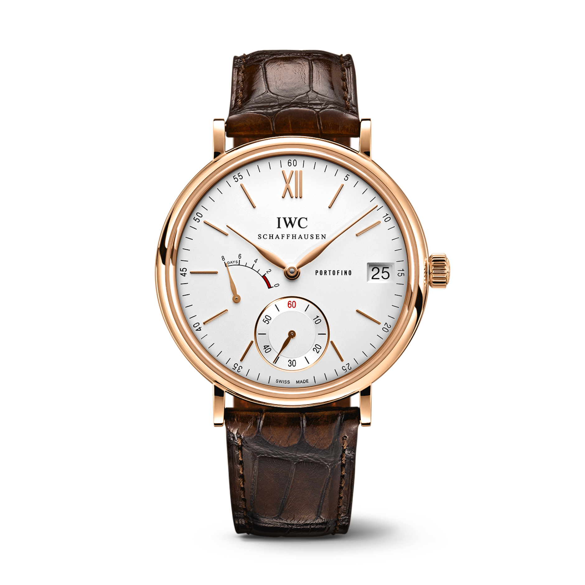 IWC Schaffhausen Portofino Hand-Wound Eight Days 45 mm Silver  Dial 18 Kt 5N Gold Dark Brown   Leather Strap IW510107 - WATCHXNYC