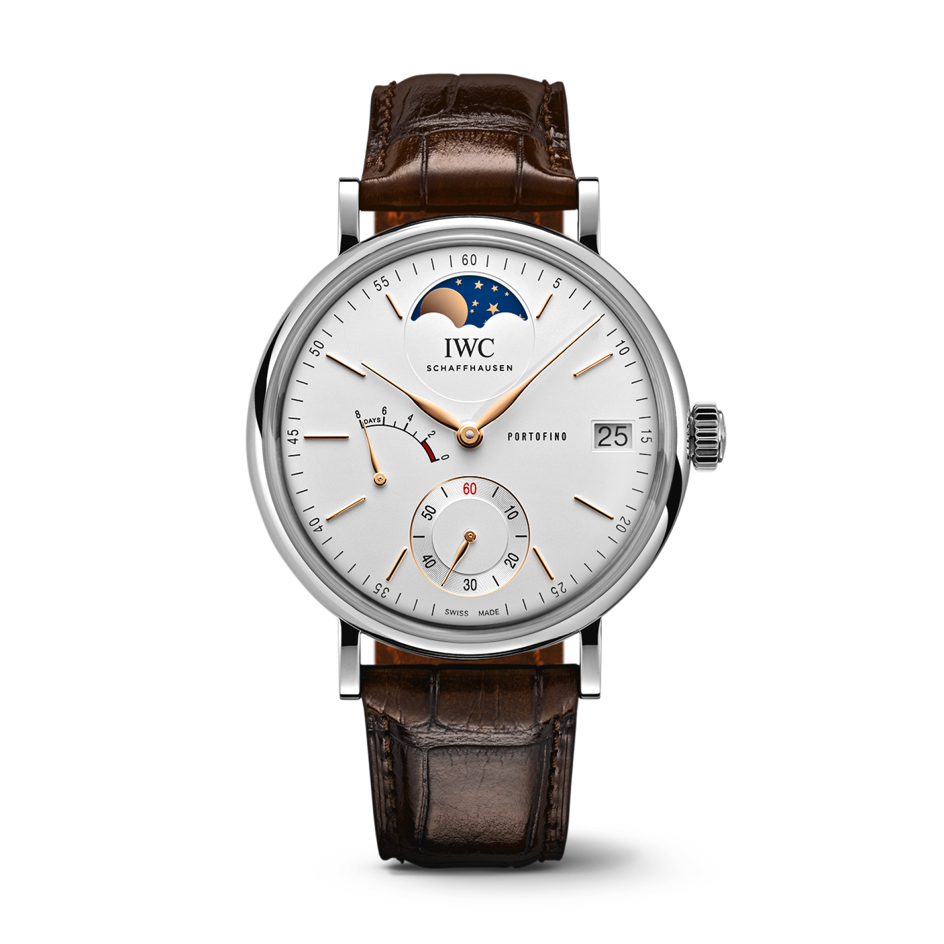 IWC Schaffhausen Portofino Hand-Wound Moon Phase 45 mm Silver  Dial Stainless Steel Dark Brown   Leather Strap IW516401 - WATCHXNYC