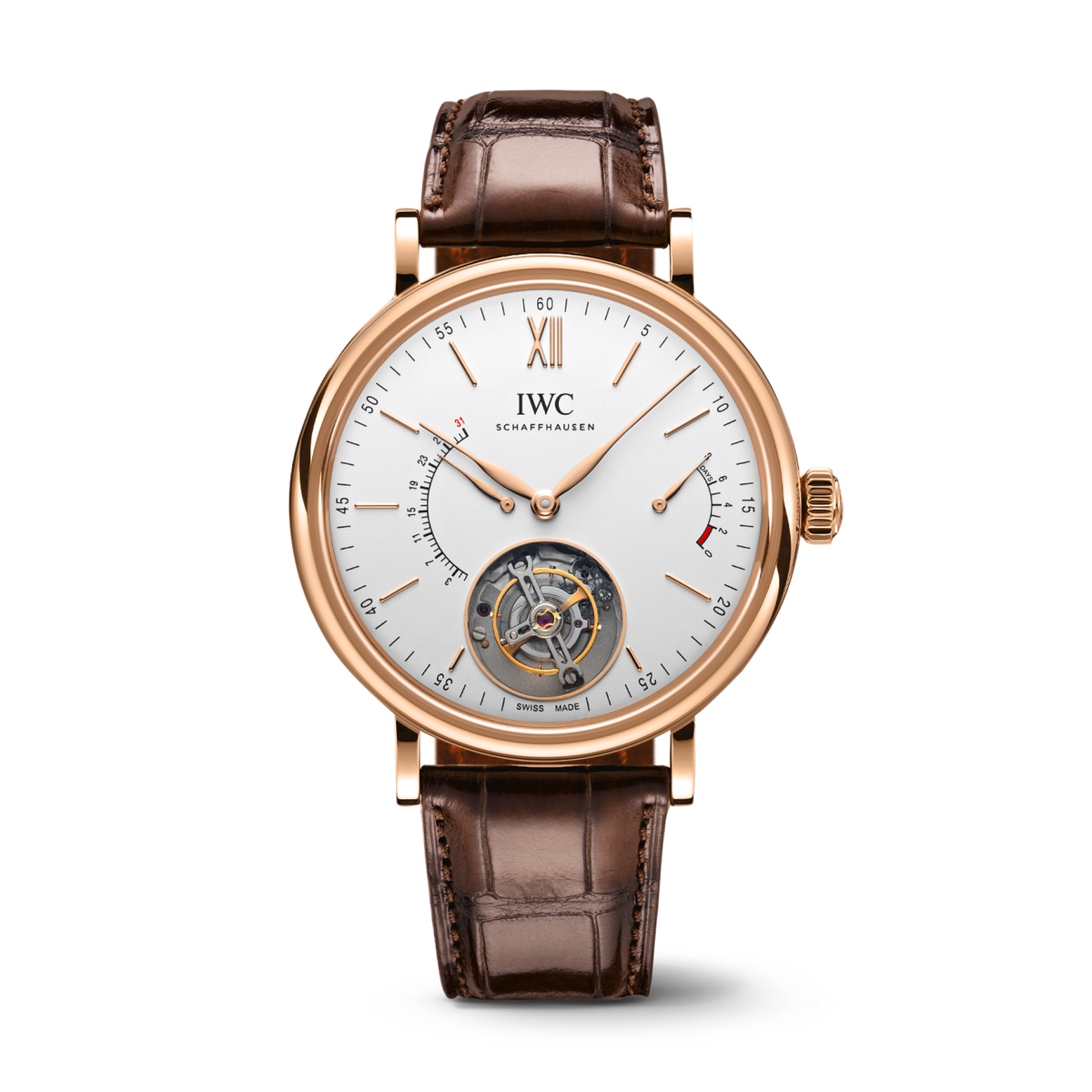 IWC Schaffhausen Portofino Hand-Wound Tourbillon Rétrograde 45 mm Silver  Dial 18 Kt 5N Gold Dark Brown   Leather Strap IW516501 - WATCHXNYC