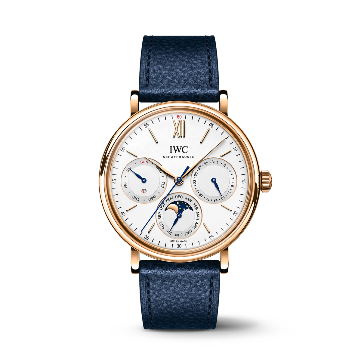 IWC Schaffhausen Portofino Perpetual Calendar 40 mm Silver  Dial 18 Kt 5N Gold Case Blue   Strap IW344602 - WATCHXNYC