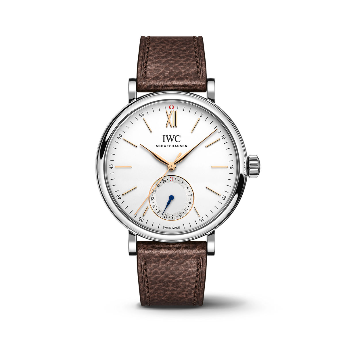 IWC Schaffhausen Portofino Pointer Date 39 mm Silver  Dial Stainless Steel Brown   Strap IW359201 - WATCHXNYC