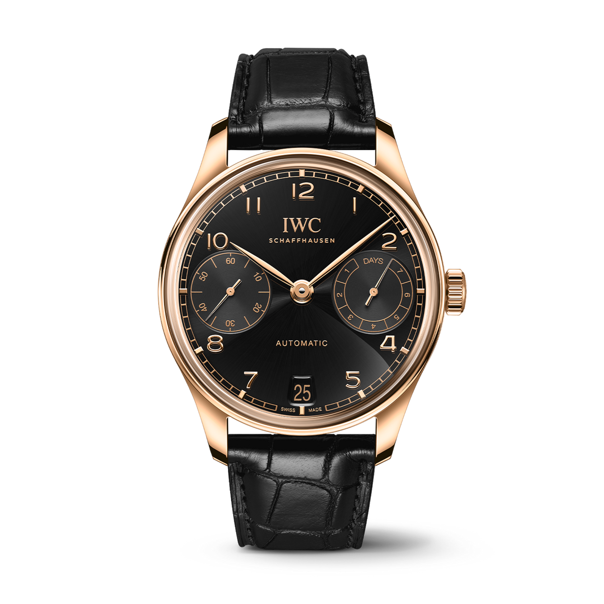IWC Schaffhausen Portugieser Automatic 42 mm Black Dial 18k 5N Gold Black   Leather Strap IW501707 - WATCHXNYC