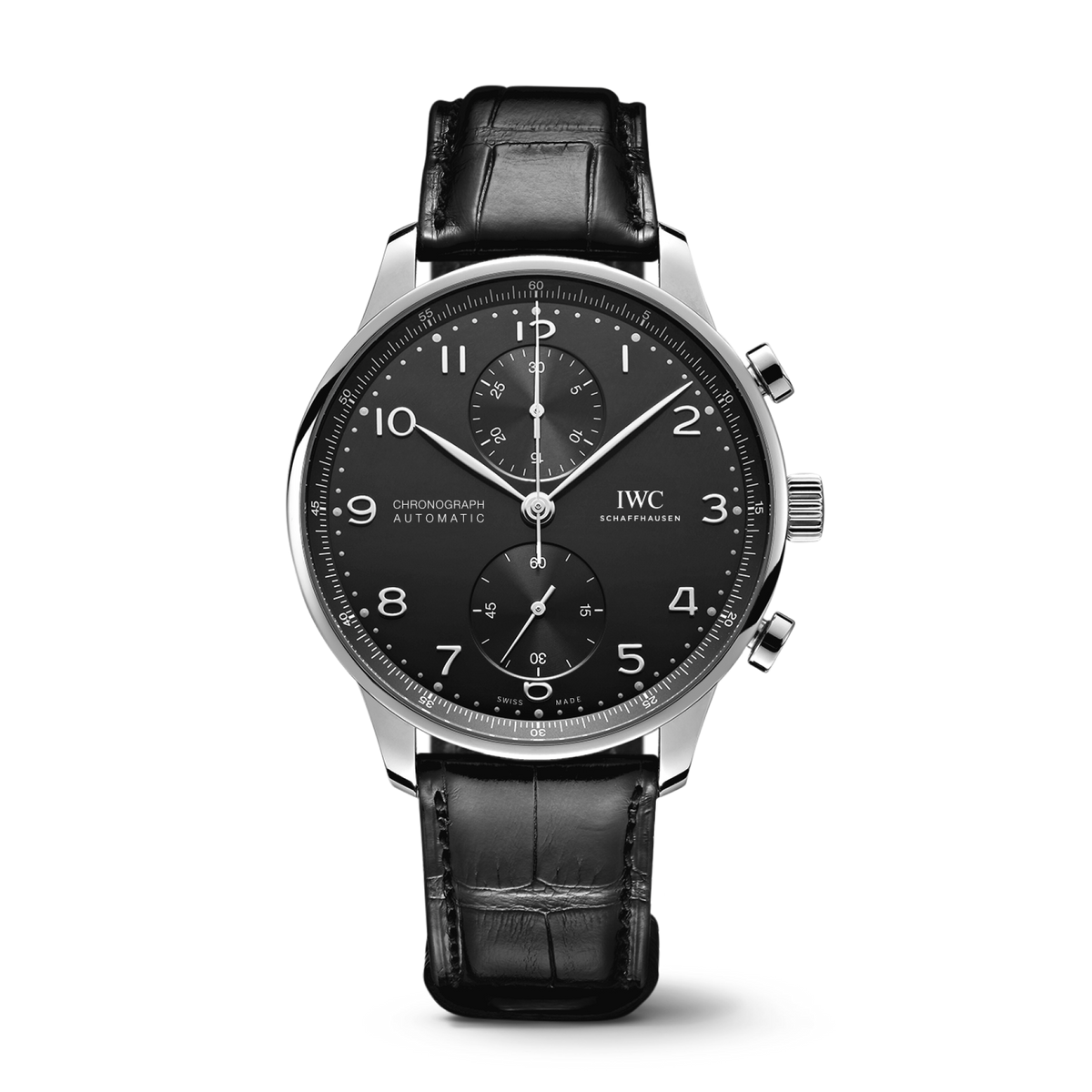 IWC Schaffhausen Portugieser Chronograph 41 mm Black Dial Stainless Steel Black   Leather Strap IW371609 - WATCHXNYC