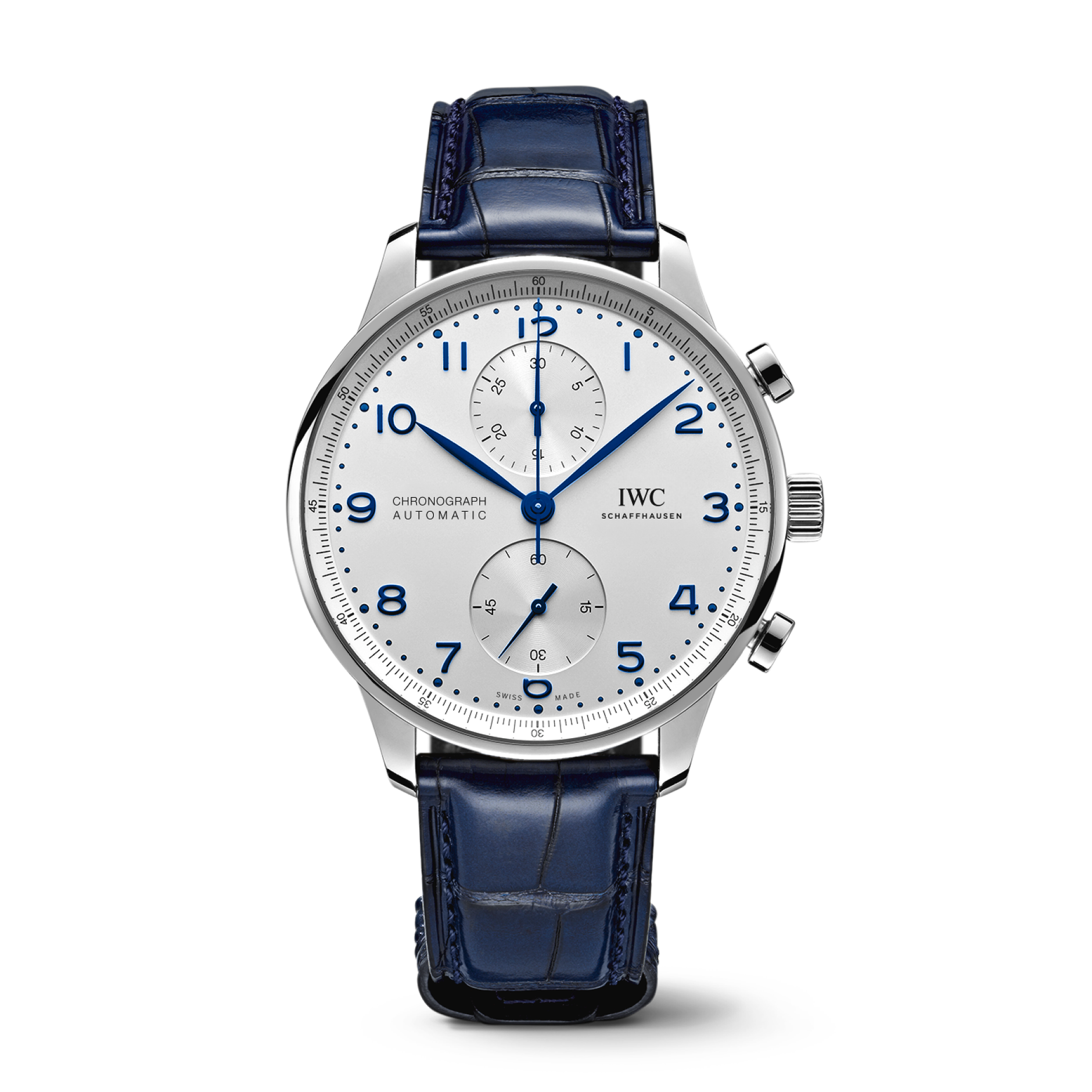 IWC Schaffhausen Portugieser Chronograph 41 mm Silver Dial Stainless Steel Blue   Leather Strap IW371605 - WATCHXNYC