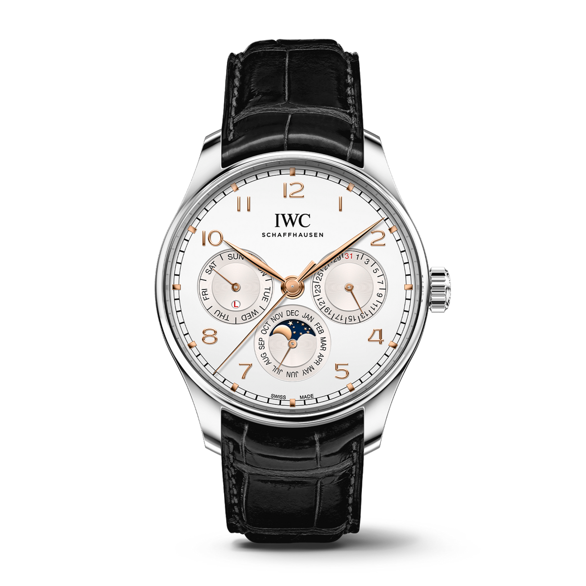 IWC Schaffhausen Portugieser Perpetual Calendar 42.4 mm Silver Dial Stainless Steel Black   Leather Strap IW344203 - WATCHXNYC