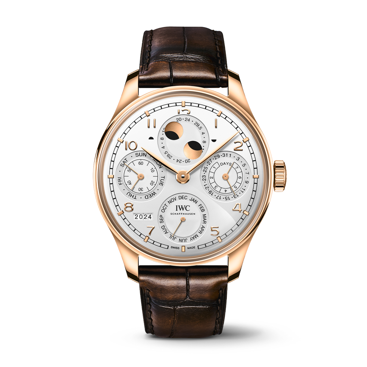 IWC Schaffhausen Portugieser Perpetual Calendar 44.4 mm Silver Dial 18 Kt Armor Gold® Dark Brown   Leather Strap IW503701 - WATCHXNYC