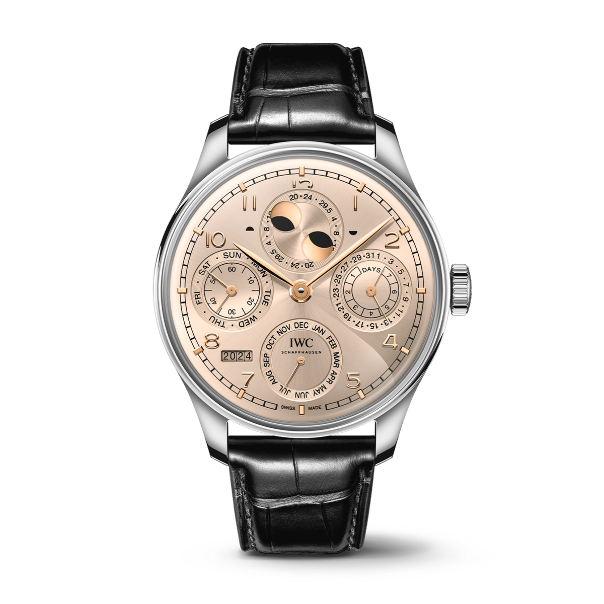 IWC Schaffhausen Portugieser Perpetual Calendar 44.4 mm Sparkling Beige Dial 18 Kt White Gold Black   Leather Strap IW503704 - WATCHXNYC