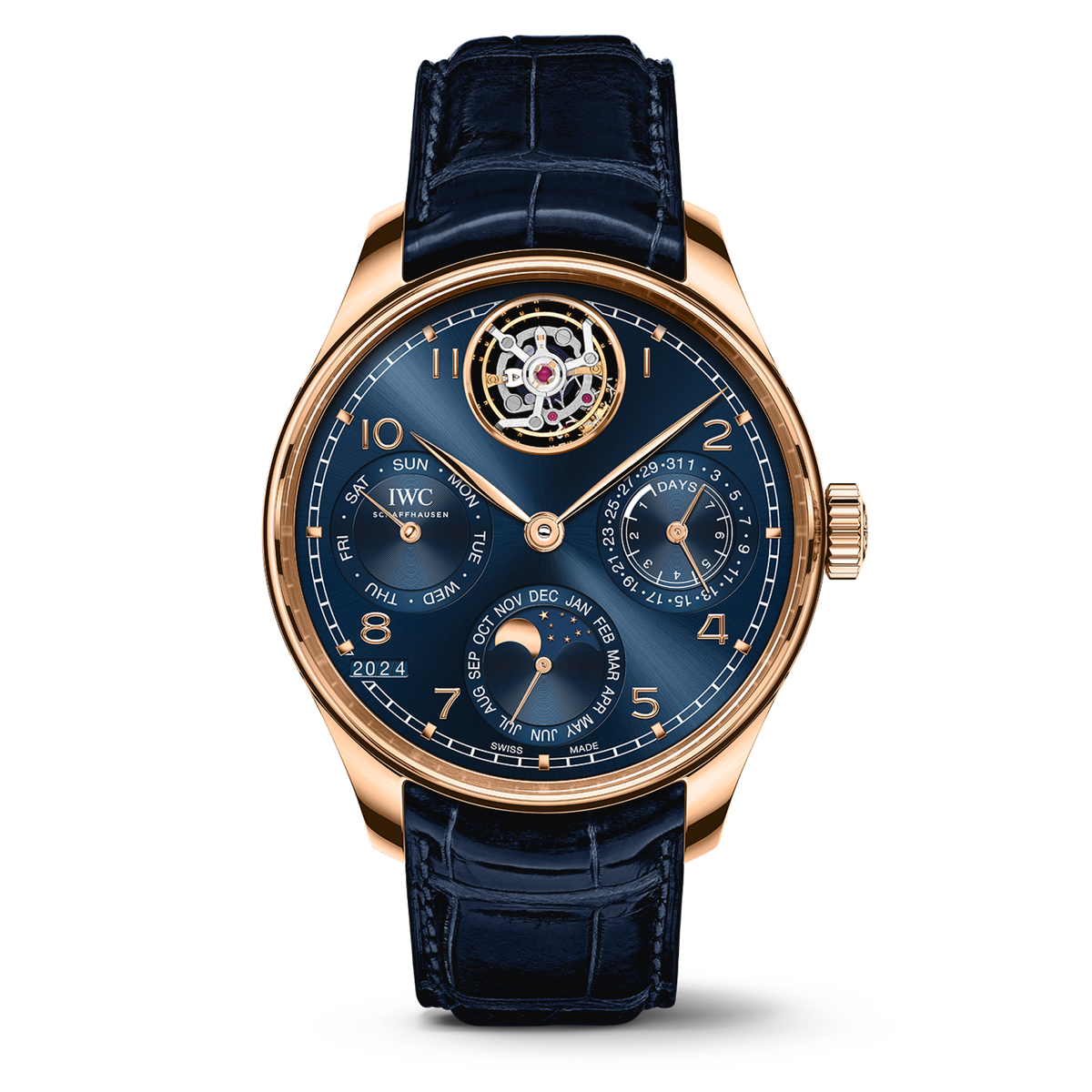 IWC Schaffhausen Portugieser Perpetual Calendar Tourbillon 45 mm Blue Dial 18k Armor Gold Blue   Leather Strap IW504504 - WATCHXNYC