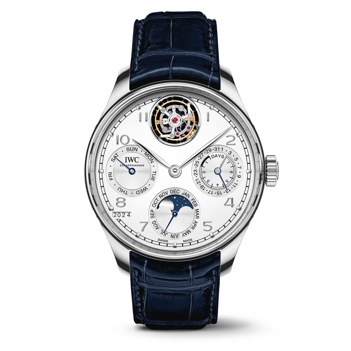 IWC Schaffhausen Portugieser Perpetual Calendar Tourbillon 45 mm Silver Dial Platinum Blue   Leather Strap IW504505 - WATCHXNYC