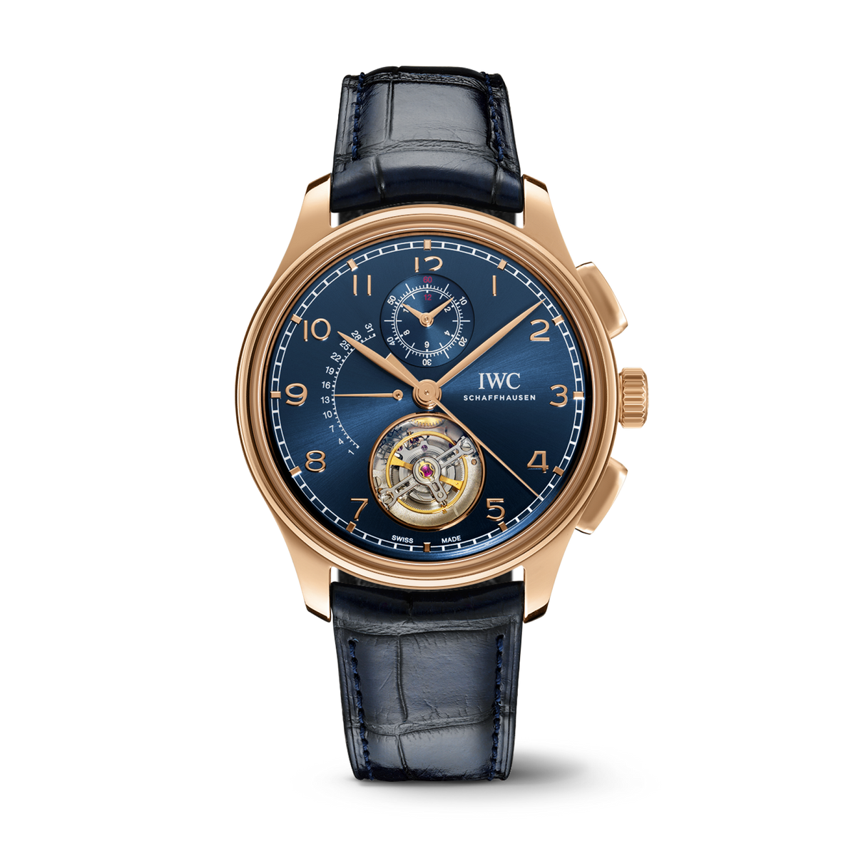 IWC Schaffhausen Portugieser Tourbillon Rétrograde Chronograph 43.5 mm Blue Dial 18k Armor Gold Blue   Leather Strap IW394005 - WATCHXNYC