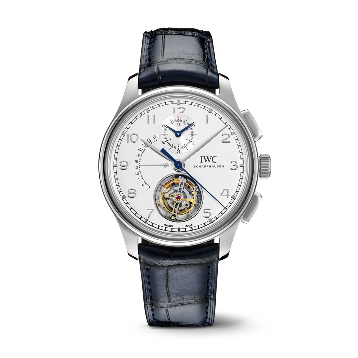 IWC Schaffhausen Portugieser Tourbillon Rétrograde Chronograph 43.5 mm Silver Dial Platinum Blue   Leather Strap IW394006 - WATCHXNYC