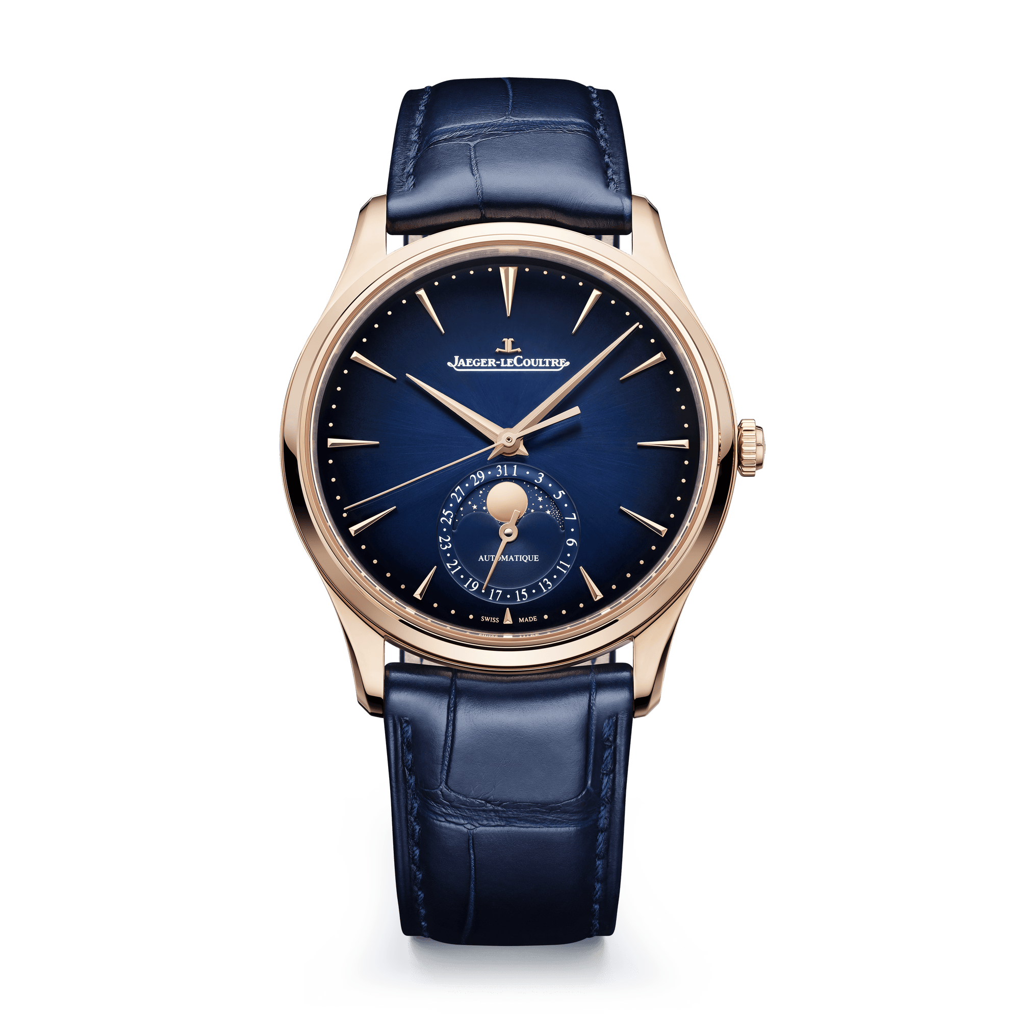 Jaeger-LeCoultre Master Ultra Thin Moon 39 mm Blue Dial Pink Gold   Leather Strap Q1362580 - WATCHXNYC