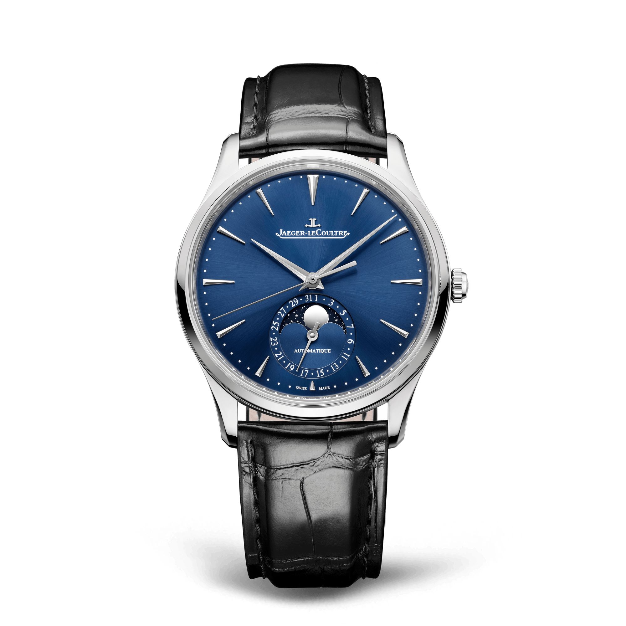 Jaeger-LeCoultre Master Ultra Thin Moon 39 mm Blue Dial Stainless Steel   Leather Strap Q1368480 - WATCHXNYC