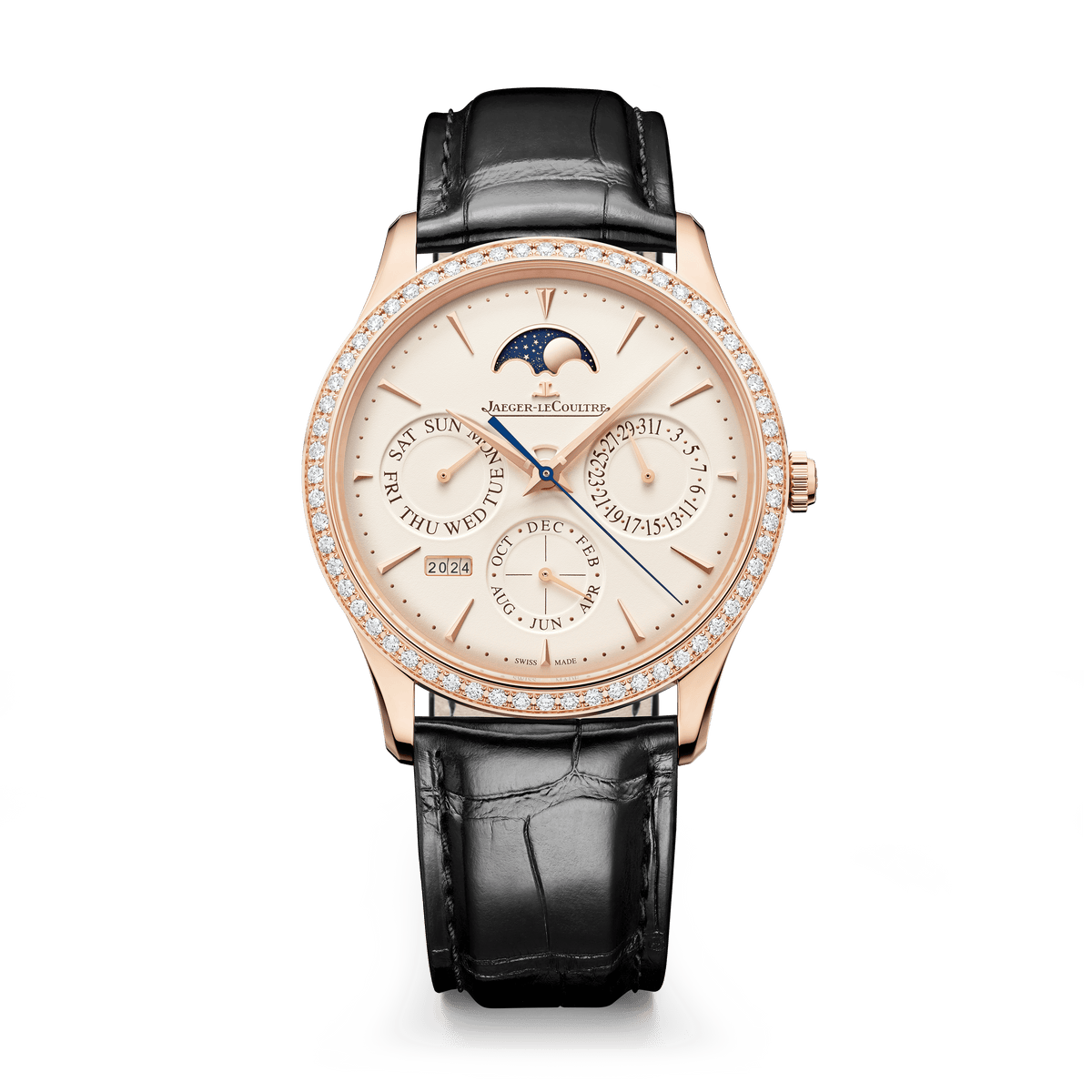 Jaeger-LeCoultre Master Ultra Thin Perpetual Calendar 39 mm Beige Dial with Diamonds Pink Gold   Leather Strap Q1142501 - WATCHXNYC