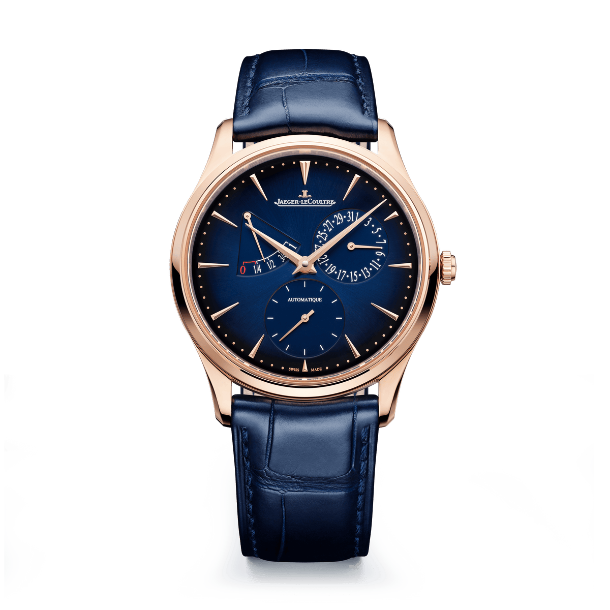 Jaeger-LeCoultre Master Ultra Thin Power Reserve 39 mm Blue Dial Pink Gold   Leather Strap Q137258J - WATCHXNYC