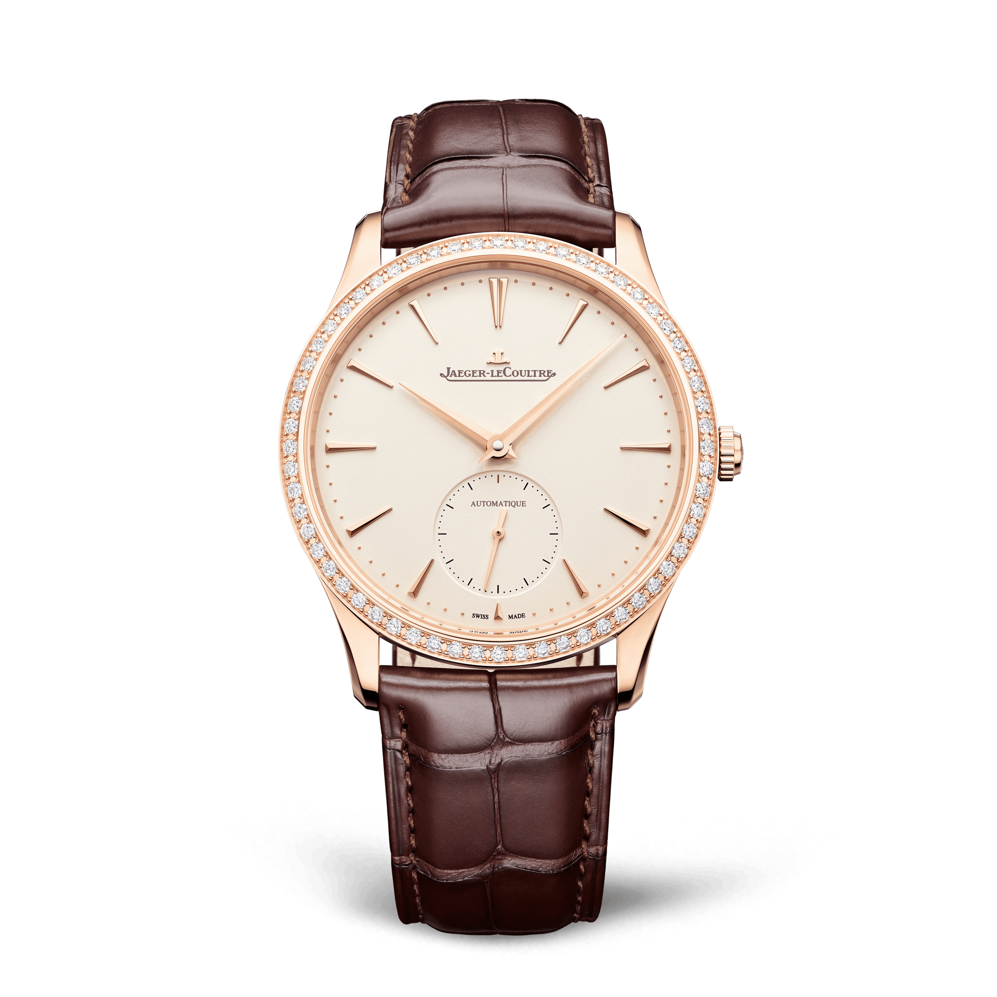 Jaeger-LeCoultre Master Ultra Thin Small Seconds 39 mm Beige Dial with Diamonds Pink Gold   Leather Strap Q1212501 - WATCHXNYC