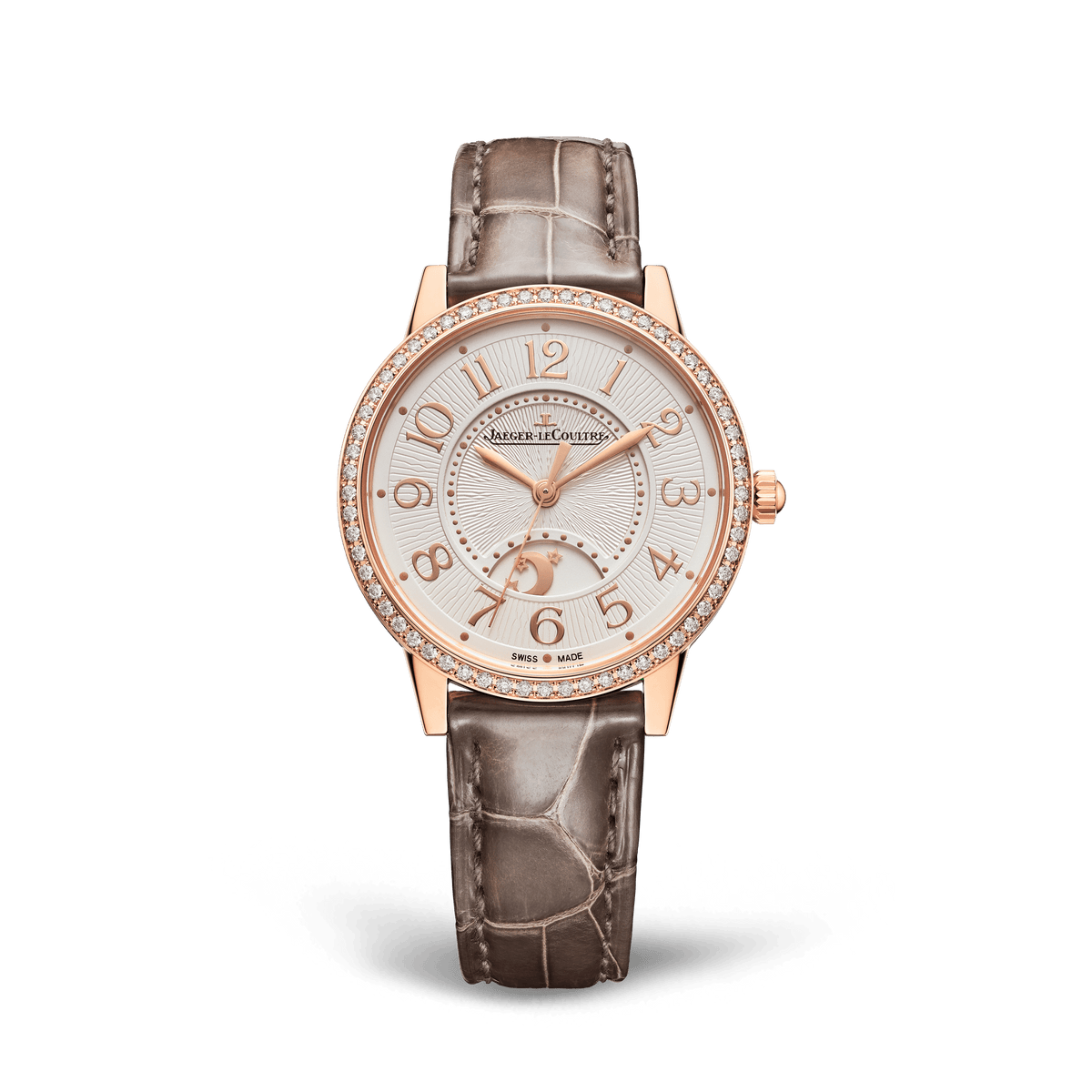 Jaeger-LeCoultre Rendez-Vous Classic Night & Day 34 mm Silvered Grey Dial with Diamonds Pink Gold   Leather Strap Q3442440 - WATCHXNYC