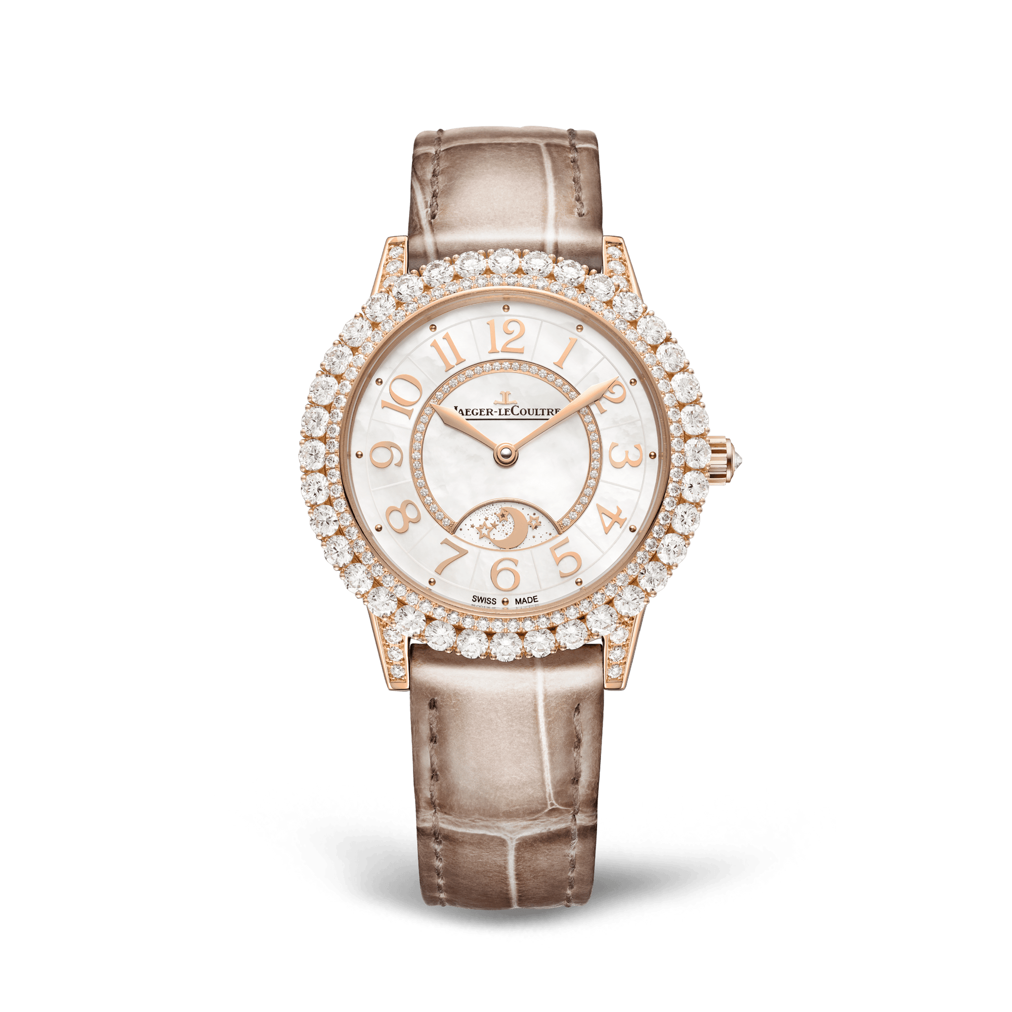 Jaeger-LeCoultre Rendez-Vous Dazzling Night & Day 36 mm White Mother-Of-Pearl Dial with Diamonds Pink Gold   Leather Strap Q3432570 - WATCHXNYC