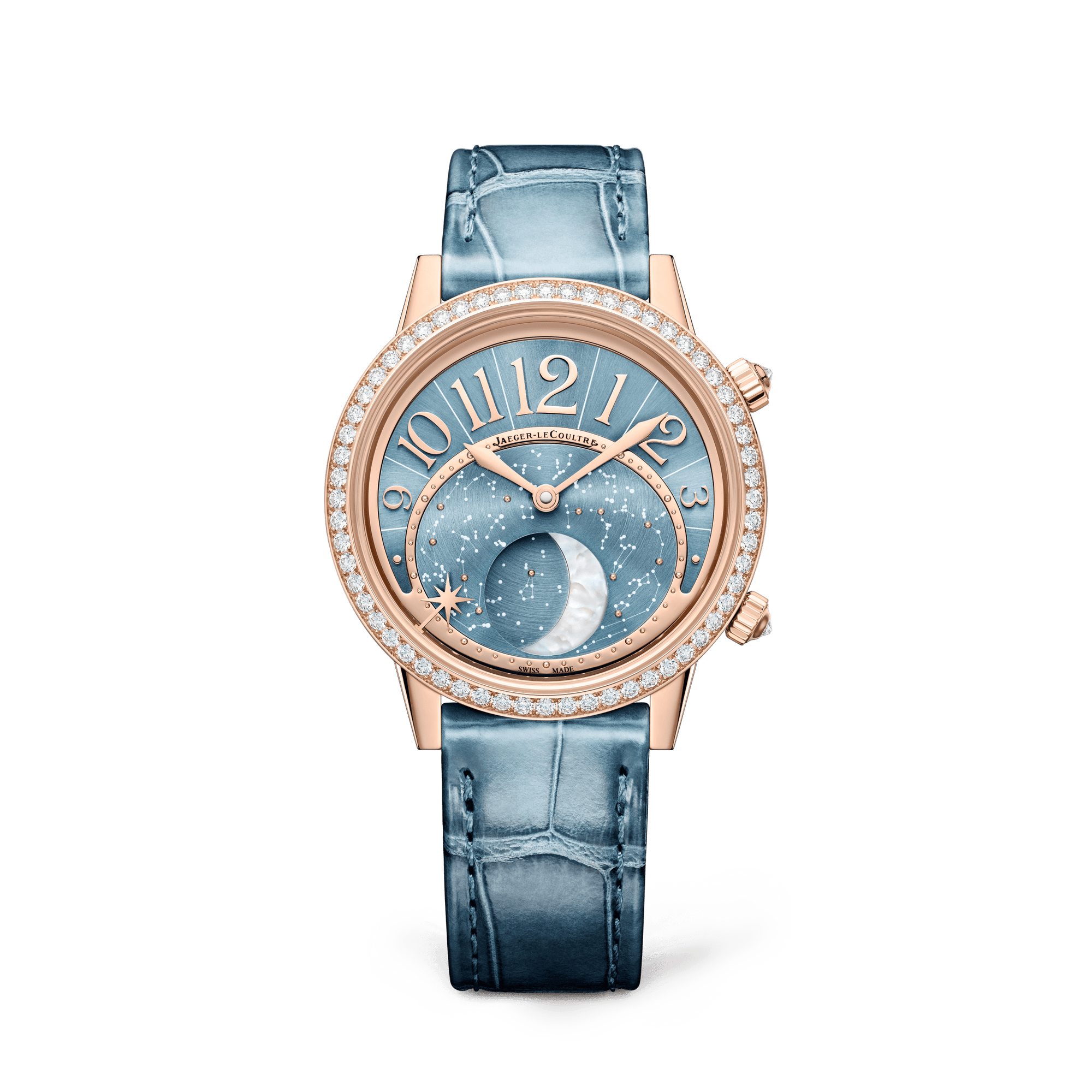 Jaeger-LeCoultre Rendez-Vous Jewellery Moon 36 mm Blue Dial with Diamonds Pink Gold   Leather Strap Q3522480 - WATCHXNYC