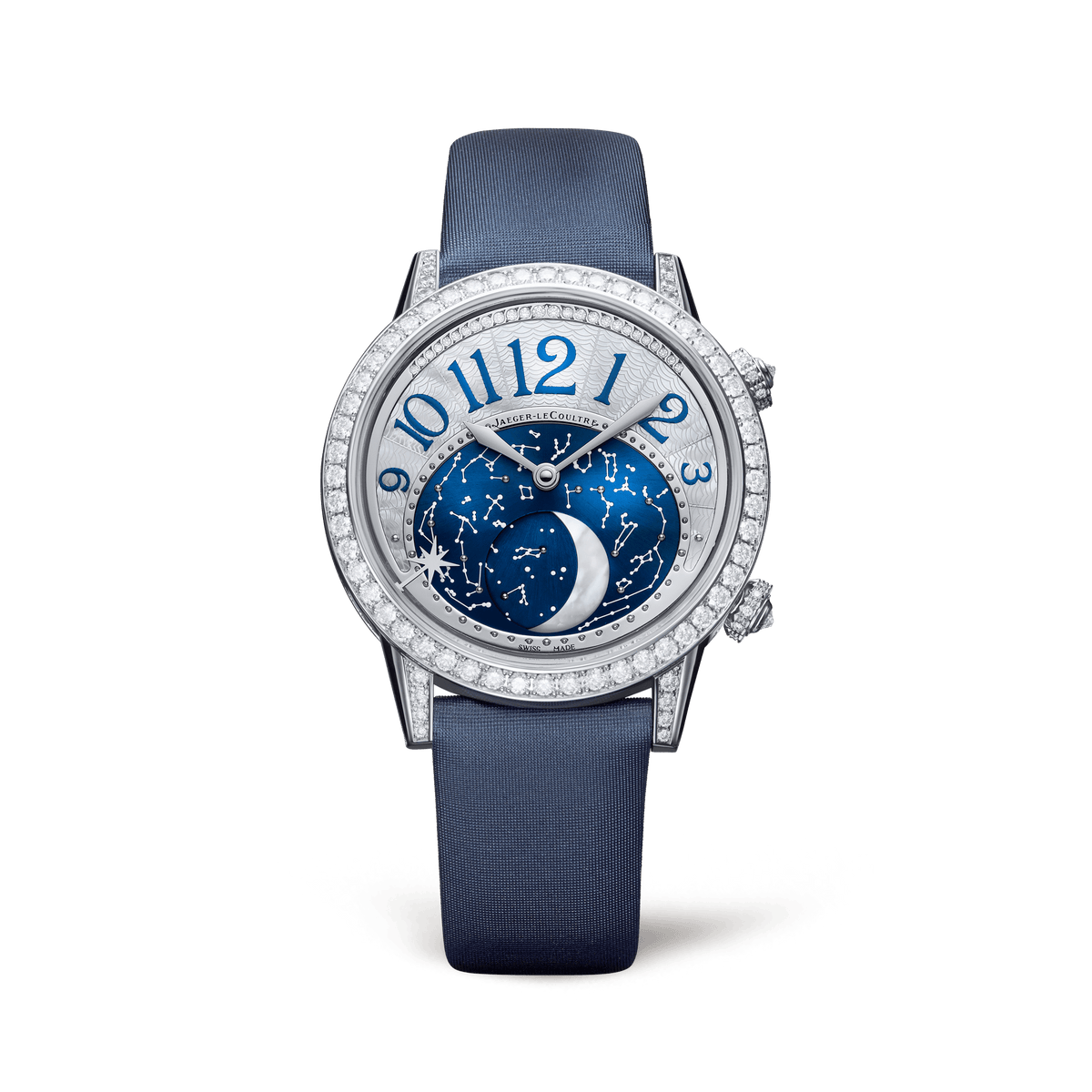 Jaeger-LeCoultre Rendez-Vous Jewellery Moon 36 mm Silvered Grey Dial with Diamonds White Gold Satin Strap Q3523490 - WATCHXNYC