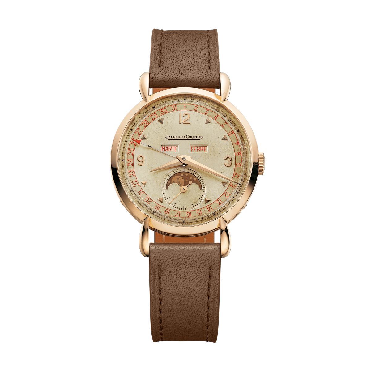 Jaeger-LeCoultre THE COLLECTIBLES Calendar 35 mm Beige Dial 18k Yellow Gold   Leather Strap QVE27221 - WATCHXNYC