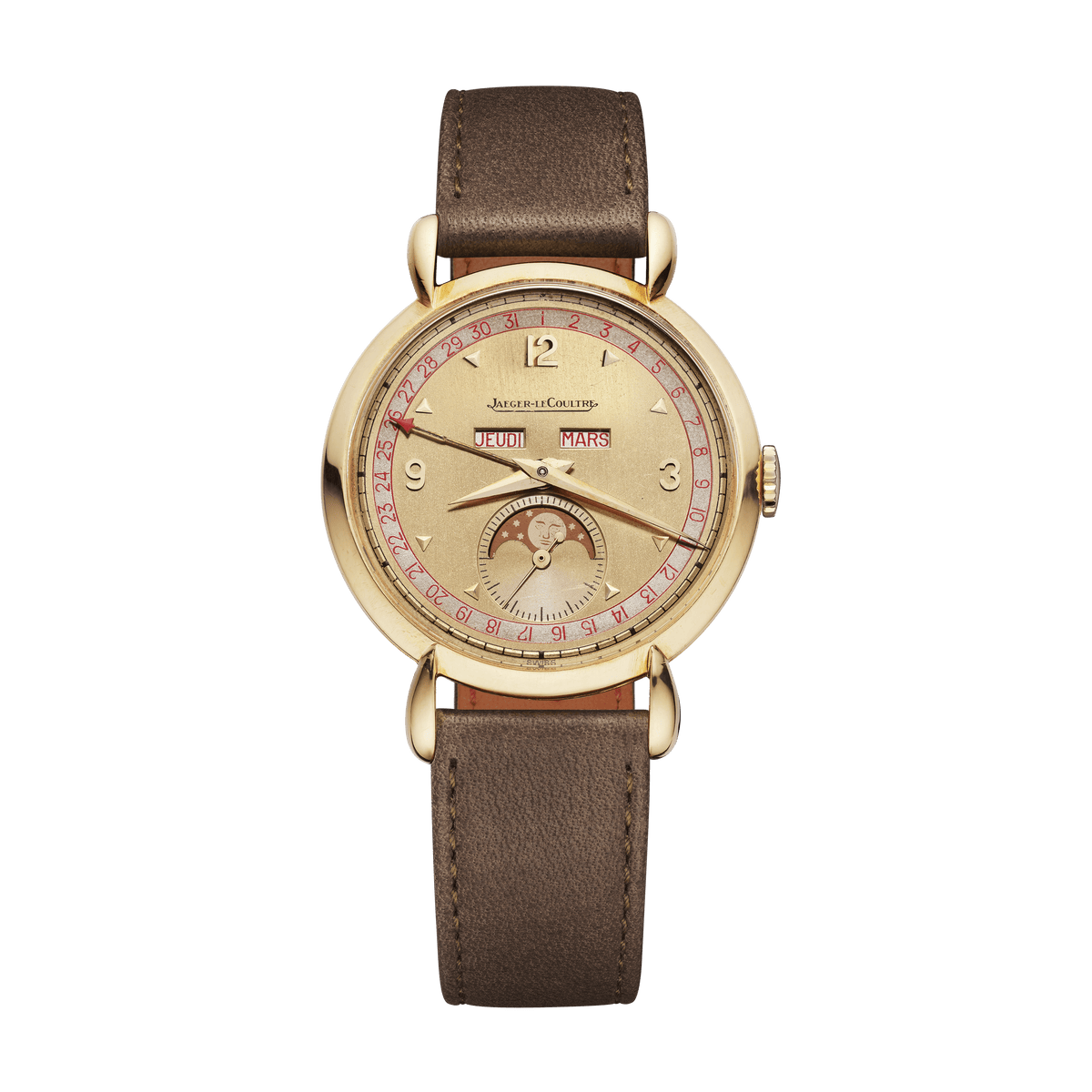 Jaeger-LeCoultre THE COLLECTIBLES Triple Calendar 35 mm Beige Dial 18k Yellow Gold   Leather Strap QVE27222 - WATCHXNYC