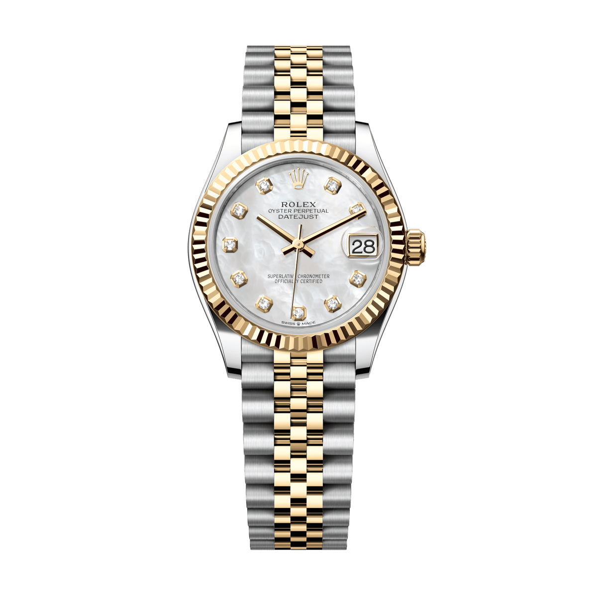 Rolex Datejust 31 31 mm White Mother-Of-Pearl Set With Diamonds Dial Oystersteel and 18k Yellow Gold Jubilee Bracelet 278273-0028 - WATCHXNYC