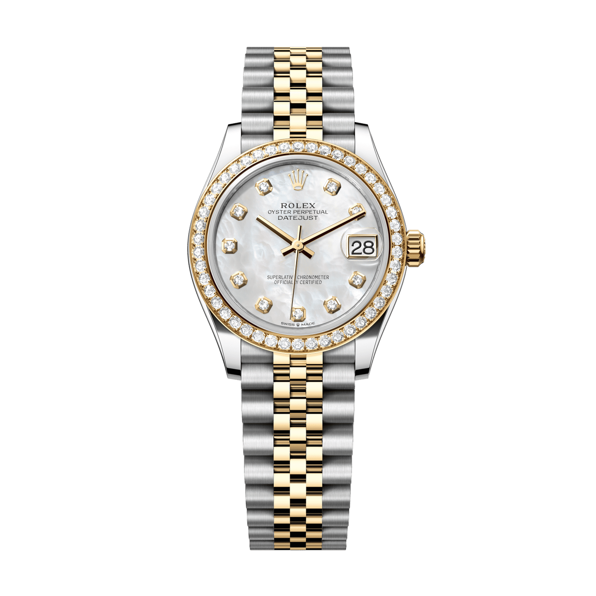 Rolex Datejust 31 31 mm White Mother-Of-Pearl Set With Diamonds Dial Oystersteel and 18k Yellow Gold Jubilee Bracelet 278383rbr-0028 - WATCHXNYC