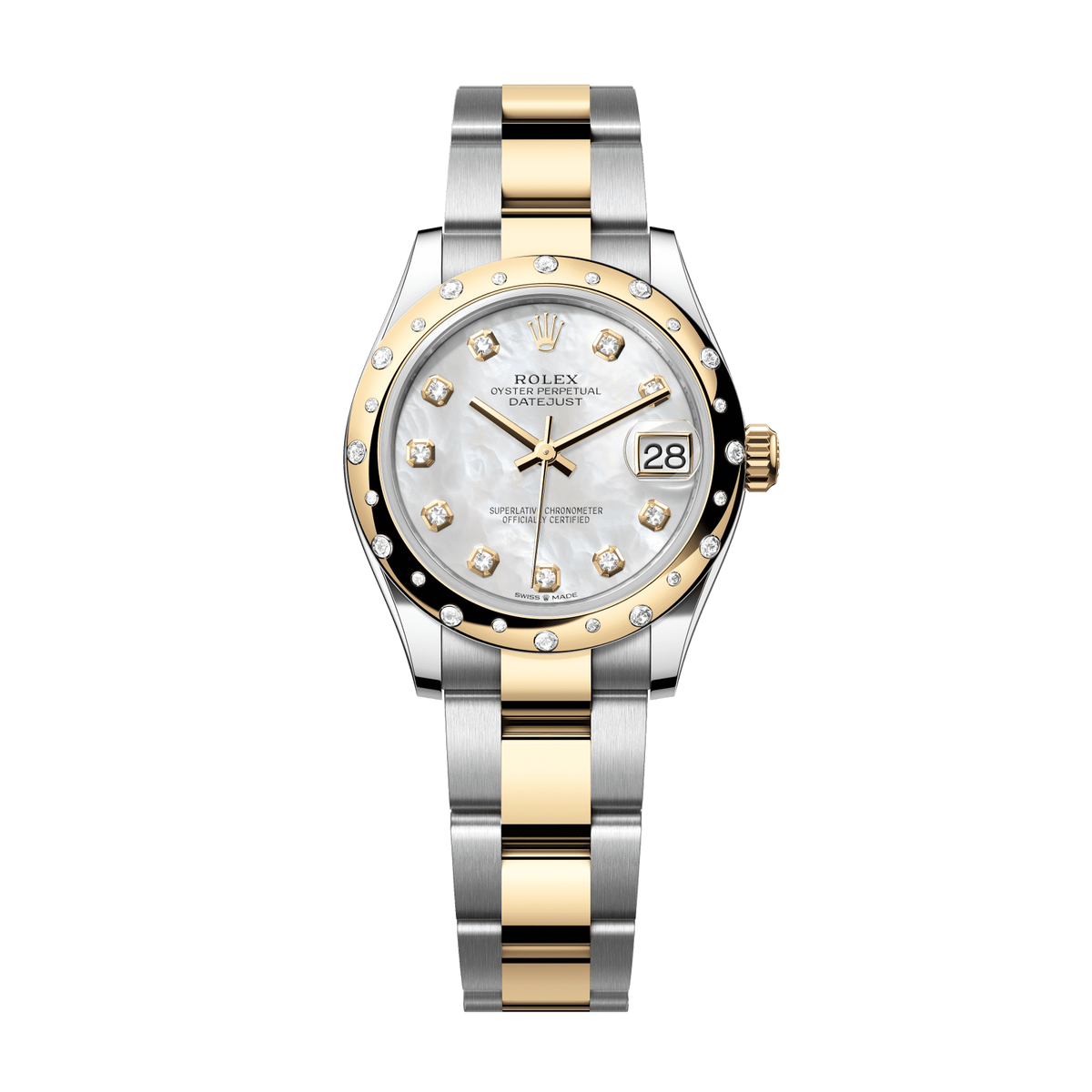 Rolex Datejust 31 31 mm White Mother-Of-Pearl Set With Diamonds Dial Oystersteel and 18k Yellow Gold Oyster Bracelet 278343rbr-0027 - WATCHXNYC