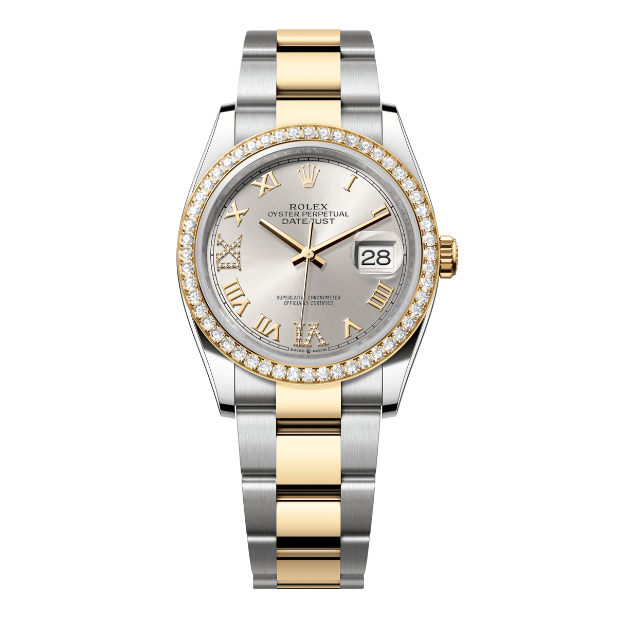Rolex Datejust 36 36 mm Silver Set With Diamonds Dial Oystersteel and 18k Yellow Gold Oyster Bracelet 126283rbr-0018 - WATCHXNYC