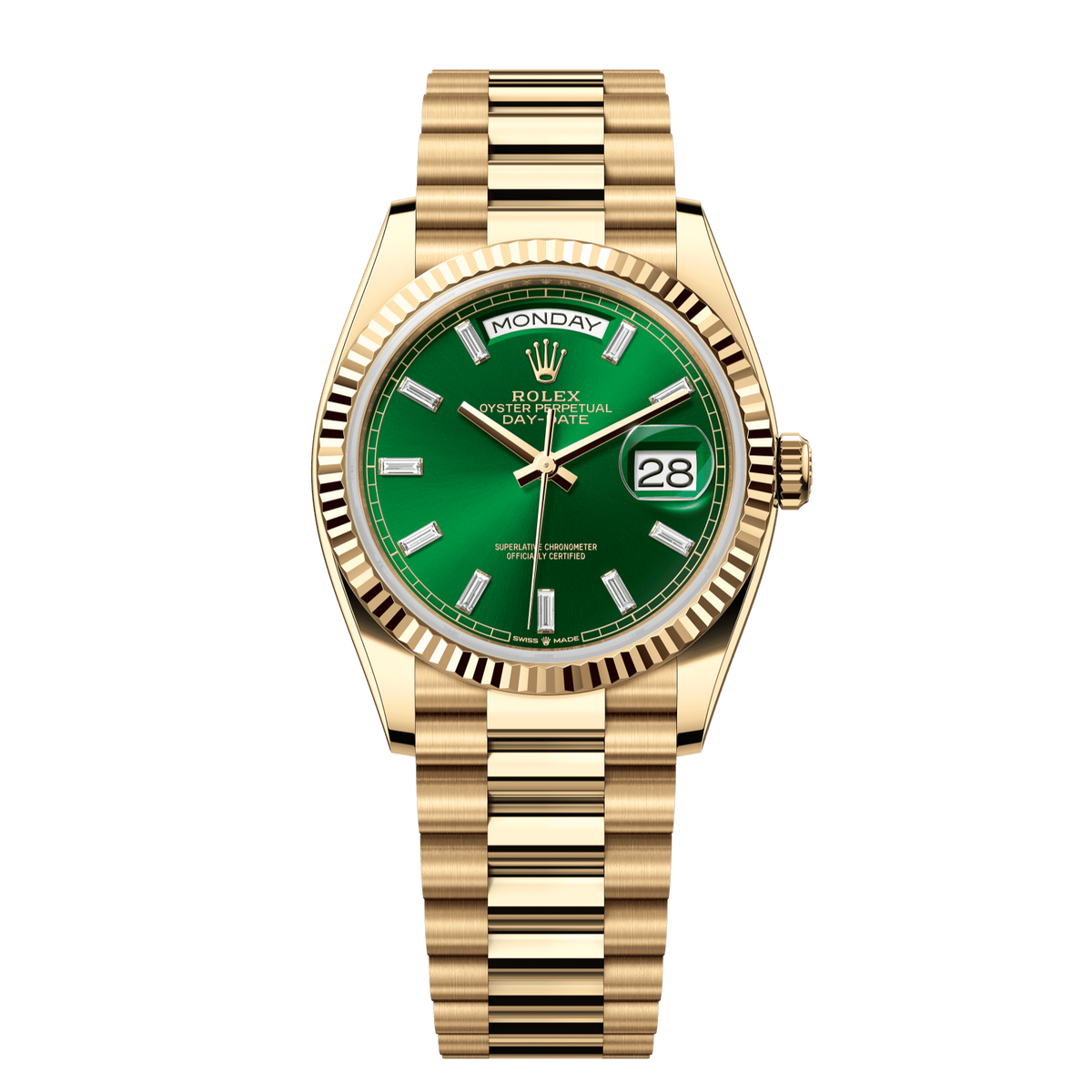 Rolex Day-Date 36 36 mm Bright Green Set With Diamonds Dial 18k Yellow Gold President Bracelet 128238-0130 - WATCHXNYC