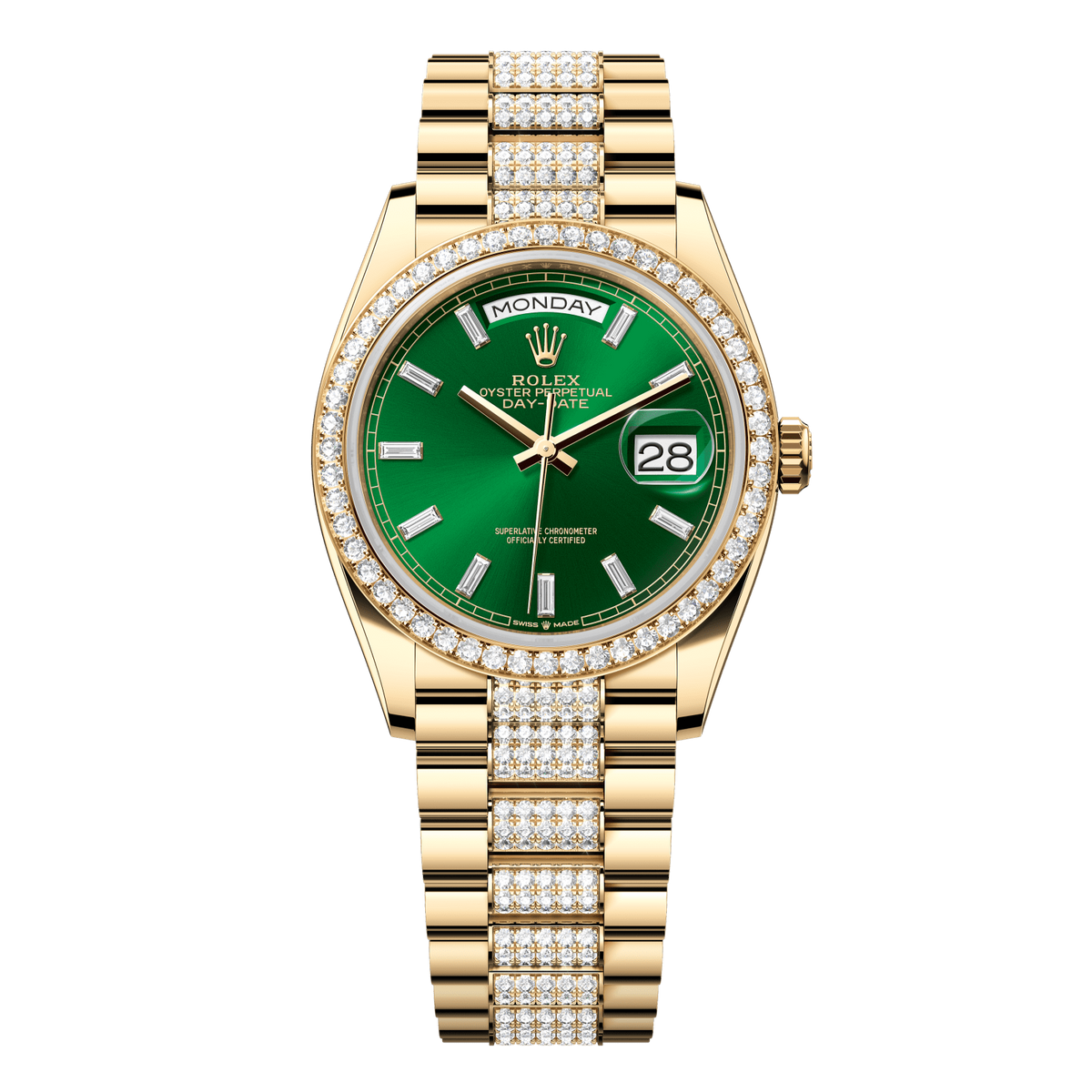 Rolex Day-Date 36 36 mm Bright Green Set With Diamonds Dial 18k Yellow Gold President Bracelet 128348rbr-0079 - WATCHXNYC
