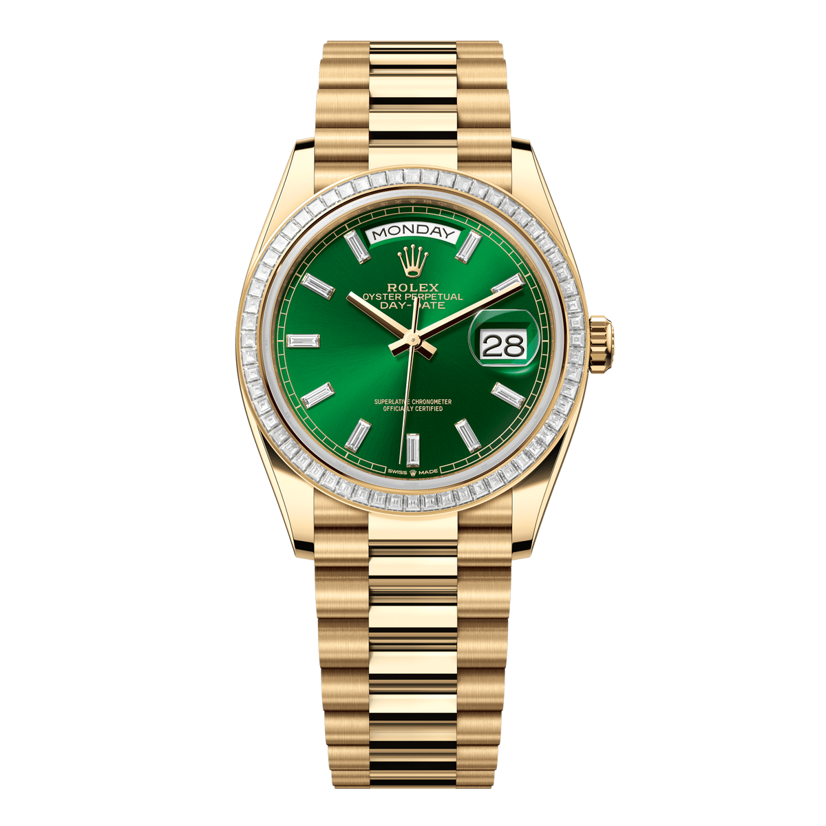 Rolex Day-Date 36 36 mm Bright Green Set With Diamonds Dial 18k Yellow Gold President Bracelet 128398tbr-0035 - WATCHXNYC