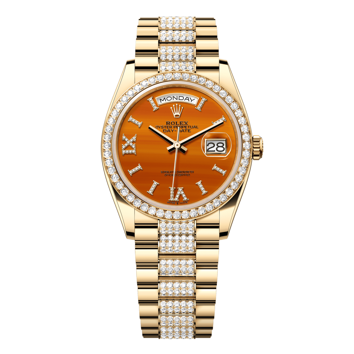Rolex Day-Date 36 36 mm Carnelian Set With Diamonds Dial 18k Yellow Gold President Bracelet 128348rbr-0050 - WATCHXNYC