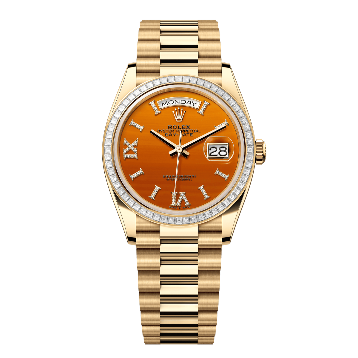 Rolex Day-Date 36 36 mm Carnelian Set With Diamonds Dial 18k Yellow Gold President Bracelet 128398tbr-0018 - WATCHXNYC