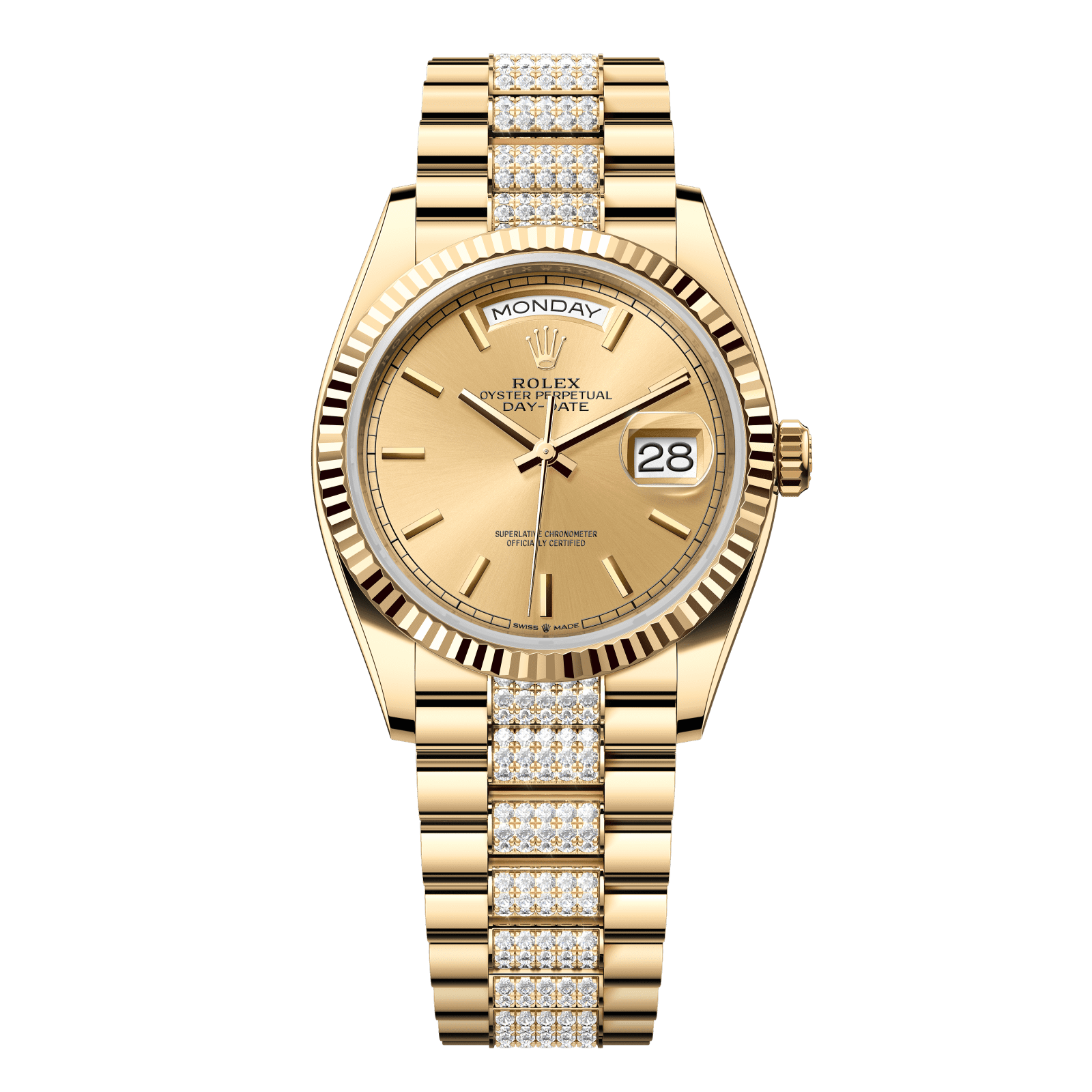 Rolex Day-Date 36 36 mm Champagne-Colour Dial 18k Yellow Gold President Bracelet with Diamonds 128238-0046 - WATCHXNYC