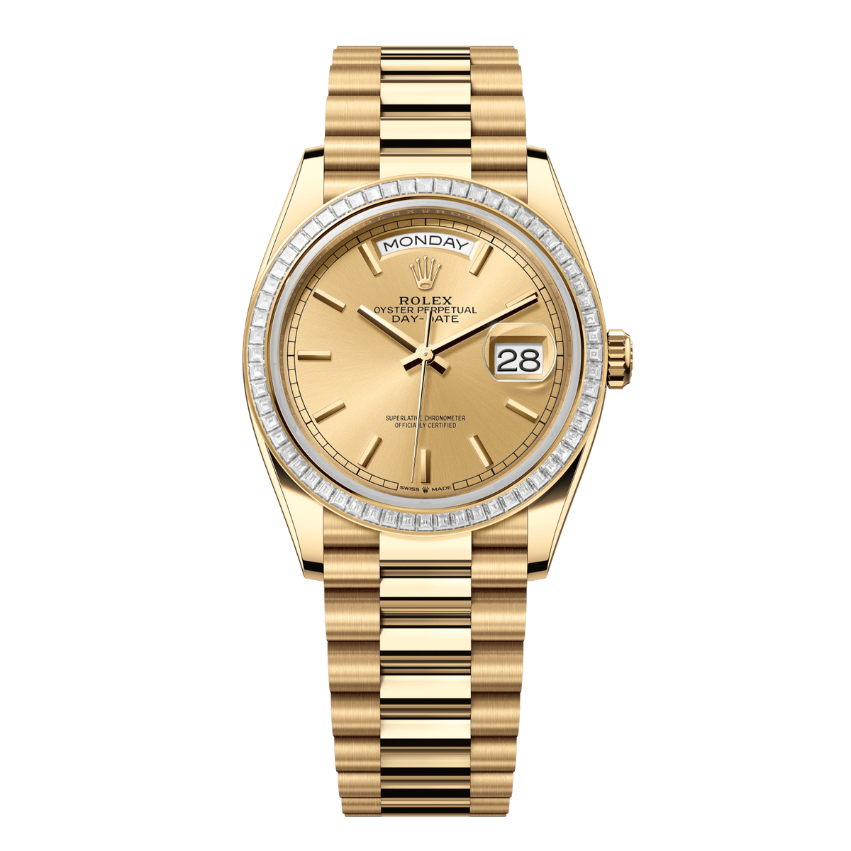 Rolex Day-Date 36 36 mm Champagne-Colour Dial with Diamonds 18k Yellow Gold President Bracelet 128398tbr-0010 - WATCHXNYC