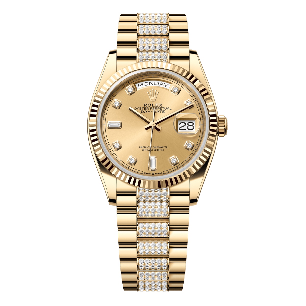 Rolex Day-Date 36 36 mm Champagne-Colour Set With Diamonds Dial 18k Yellow Gold President Bracelet 128238-0026 - WATCHXNYC