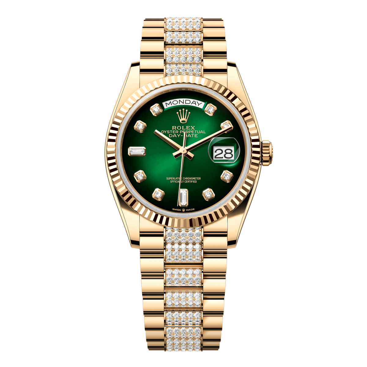Rolex Day-Date 36 36 mm Green Ombre? Set With Diamonds Dial 18k Yellow Gold President Bracelet 128238-0070 - WATCHXNYC