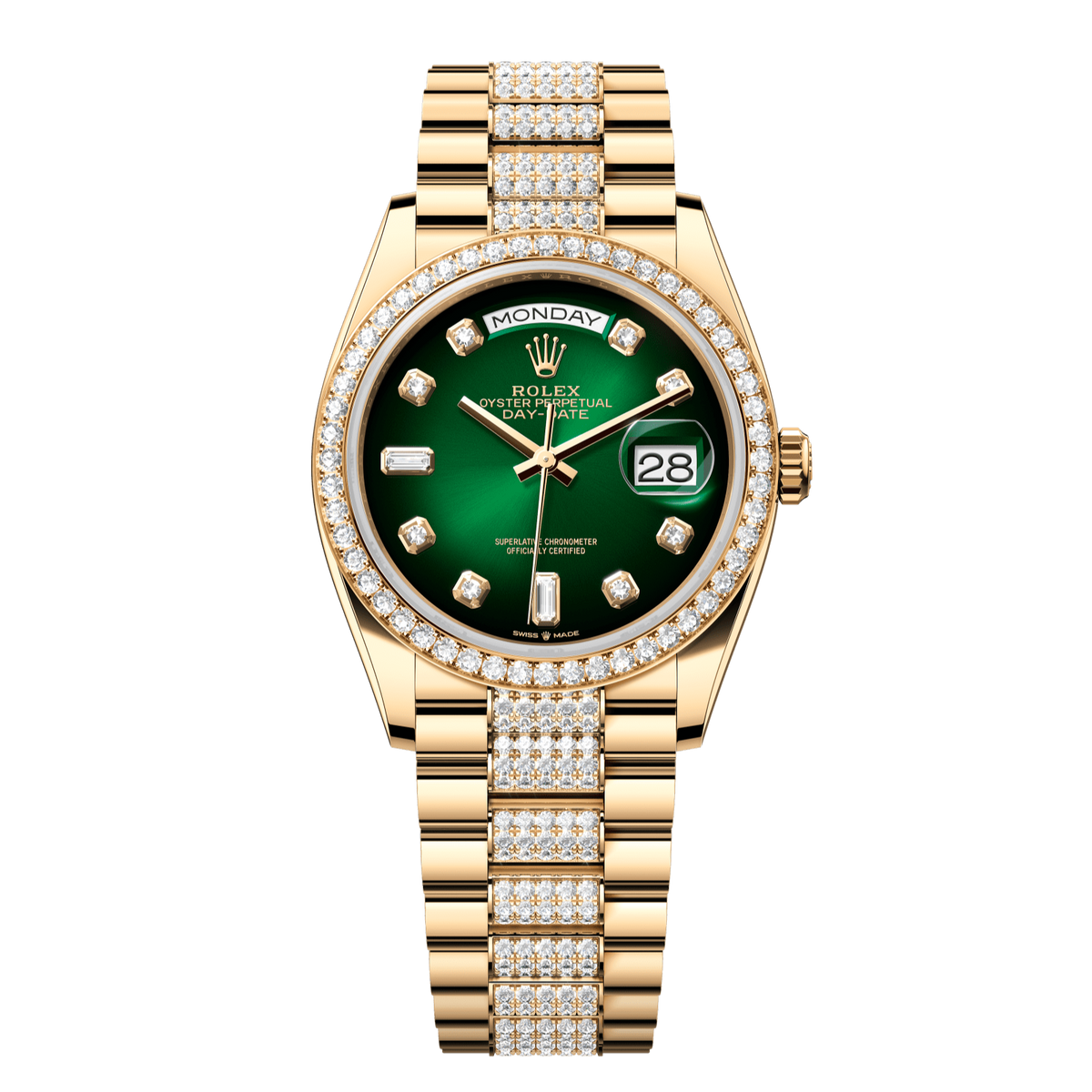 Rolex Day-Date 36 36 mm Green Ombre? Set With Diamonds Dial 18k Yellow Gold President Bracelet 128348rbr-0036 - WATCHXNYC