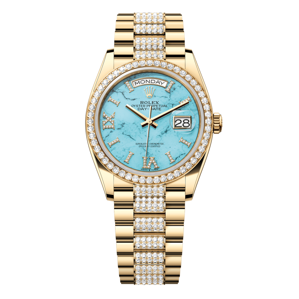 Rolex Day-Date 36 36 mm Turquoise Set With Diamonds Dial 18k Yellow Gold President Bracelet 128348rbr-0038 - WATCHXNYC