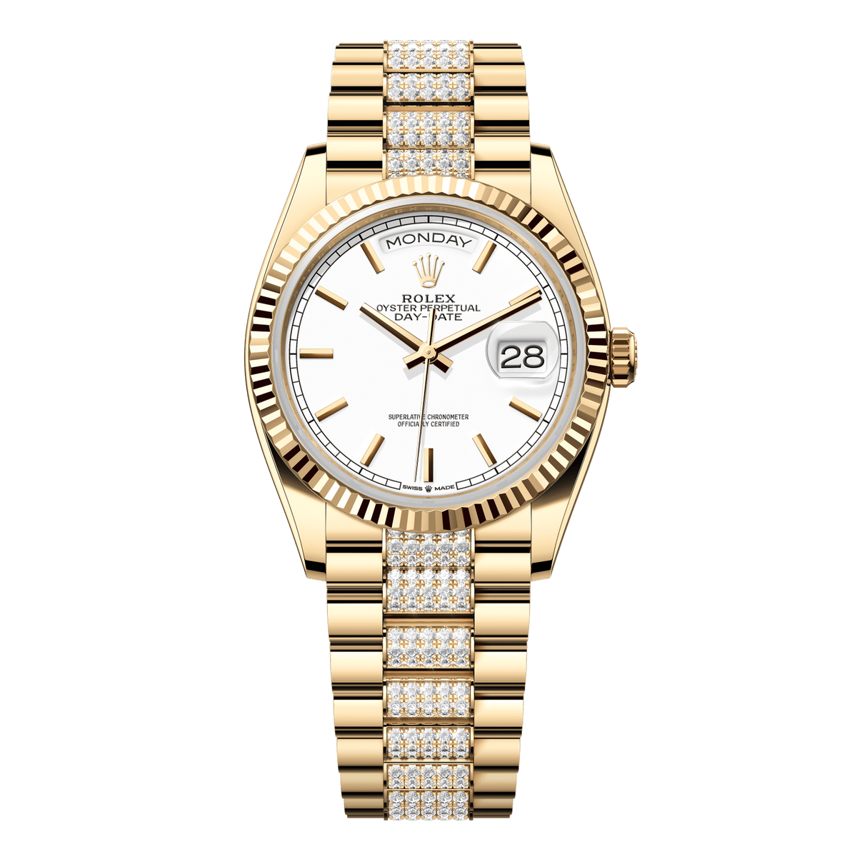 Rolex Day-Date 36 36 mm White Dial 18k Yellow Gold President Bracelet with Diamonds 128238-0082 - WATCHXNYC