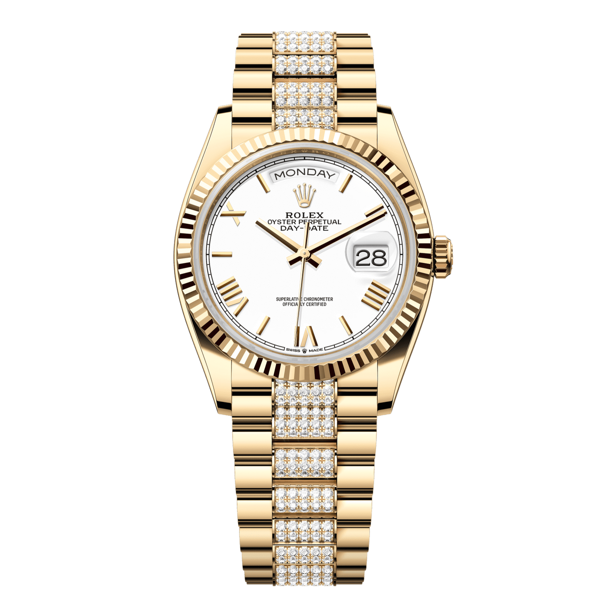 Rolex Day-Date 36 36 mm White Dial 18k Yellow Gold President Bracelet with Diamonds 128238-0114 - WATCHXNYC
