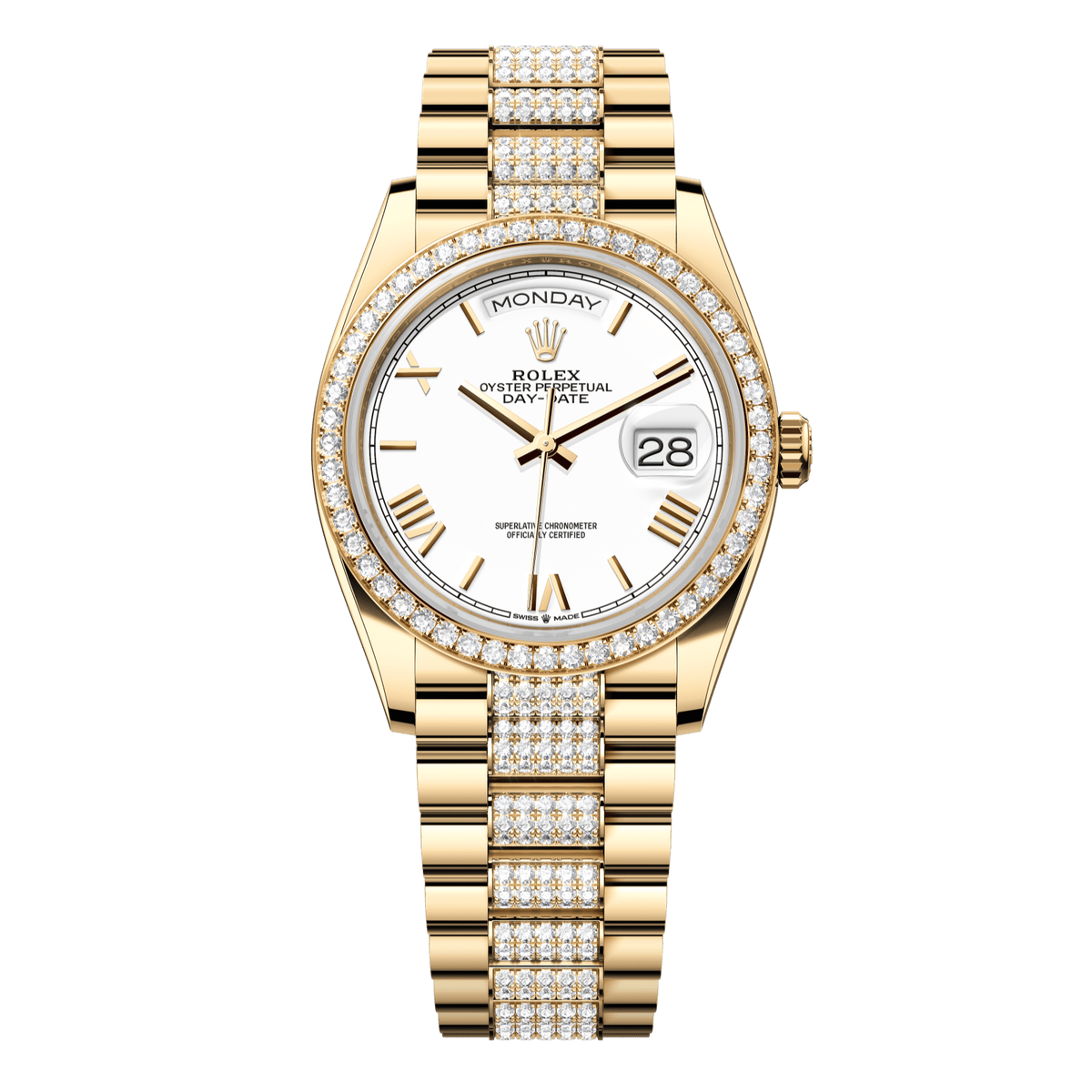 Rolex Day-Date 36 36 mm White Dial with Diamonds 18k Yellow Gold President Bracelet 128348rbr-0065 - WATCHXNYC