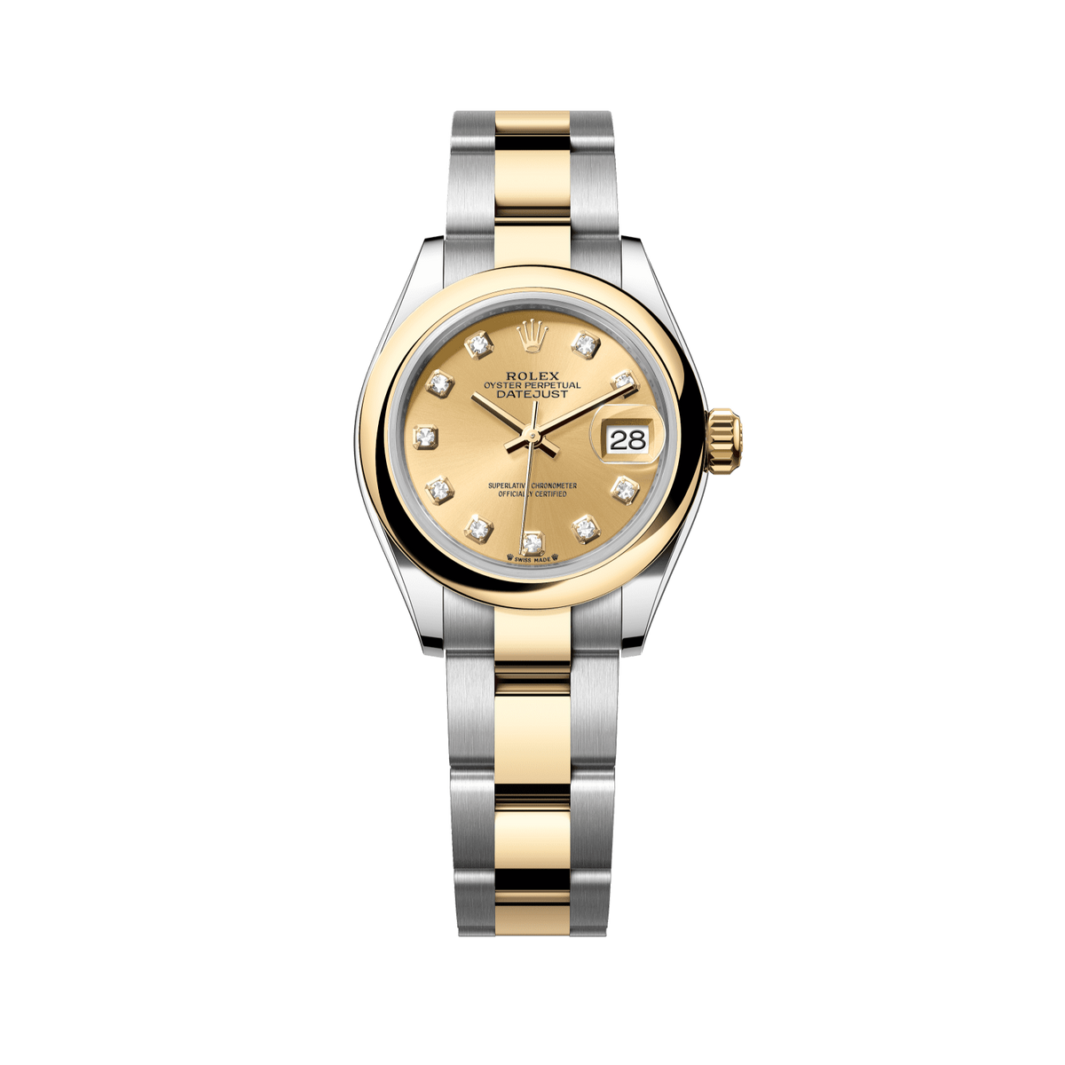 Rolex Lady-Datejust 28 mm Champagne-Colour set with Diamonds Dial 18 kt Yellow Gold Oyster Bracelet 279163-0012 - WATCHXNYC