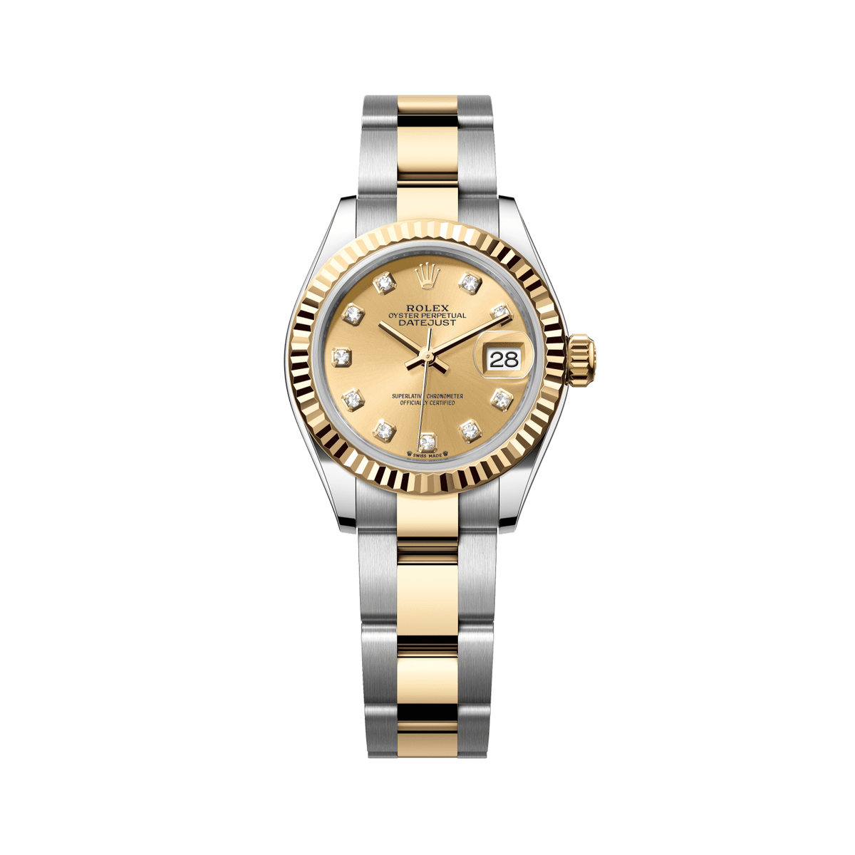 Rolex Lady-Datejust 28 mm Champagne-Colour Set With Diamonds Dial 18 kt Yellow Gold Oyster Bracelet 279173-0012 - WATCHXNYC